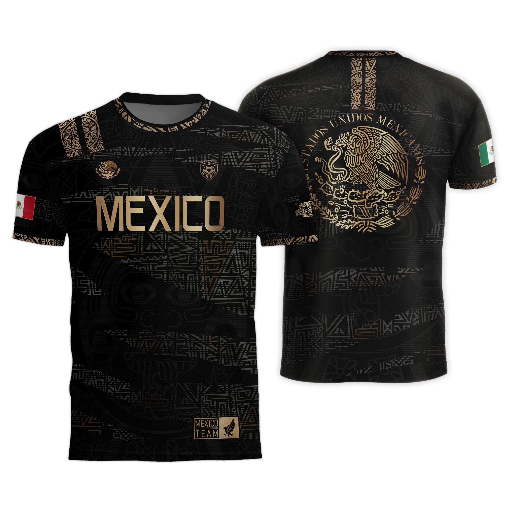 Mexico Black Gold Aztec Heritage Soccer Jersey with Eagle Crest Design