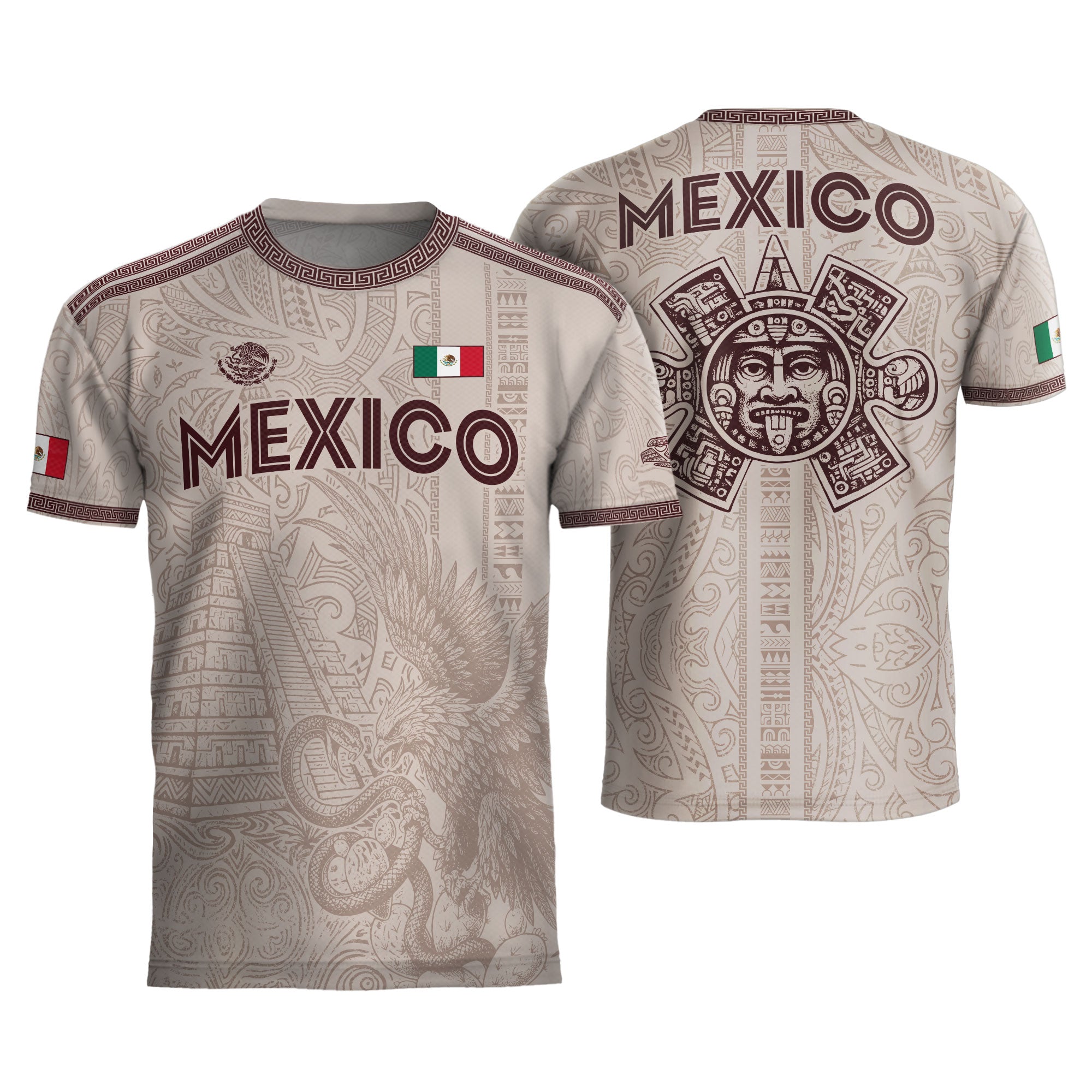 Camiseta de fútbol de México con diseño de águila de piedra solar azteca