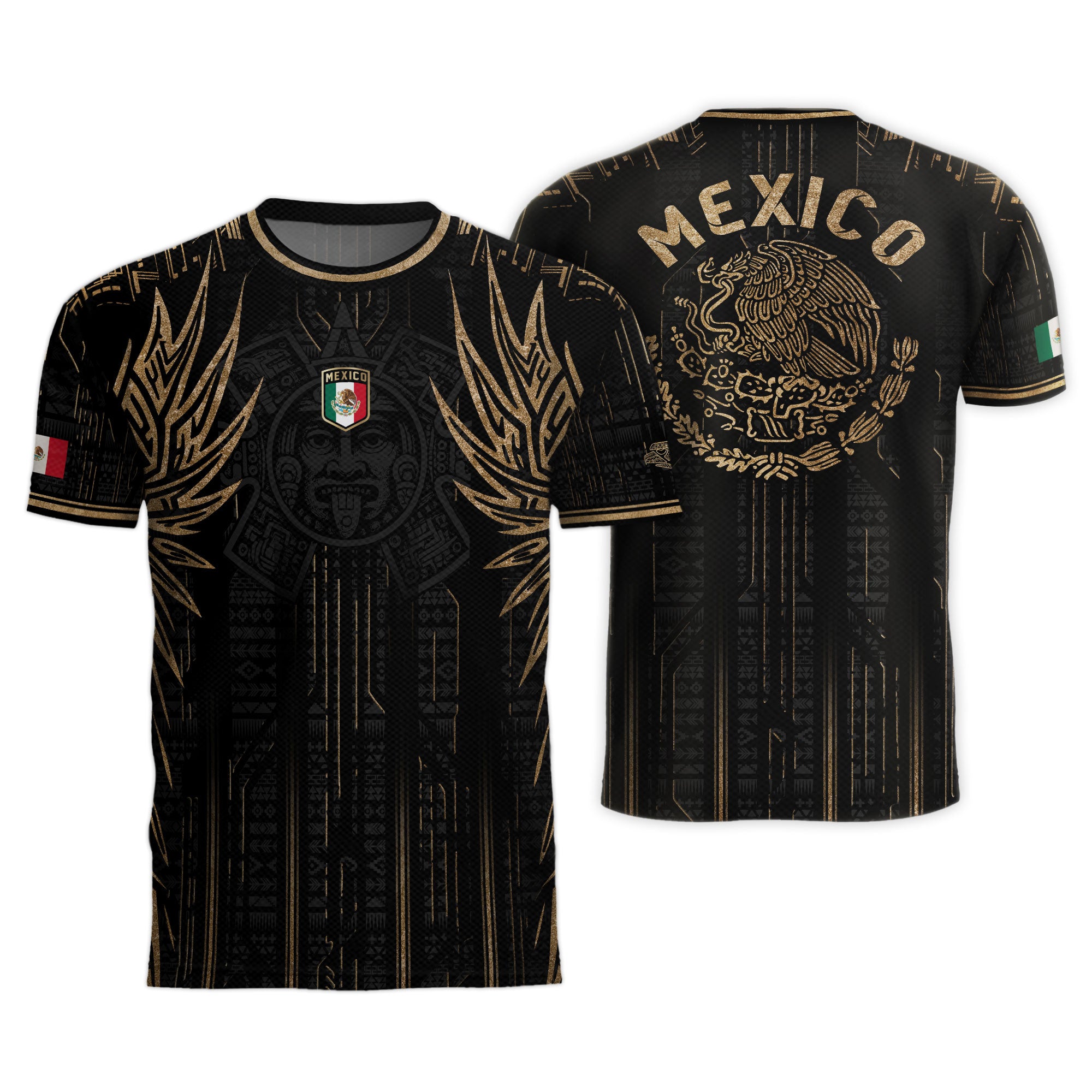 Mexico Soccer Jersey Black Aztec Warrior Gold Feather Design