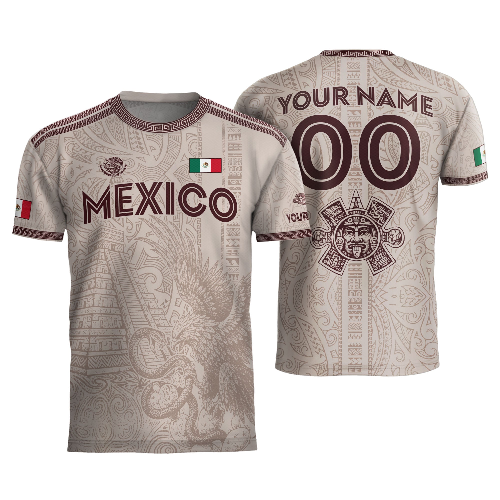 Custom Mexico Beige Aztec Eagle Pyramid Heritage Soccer Jersey