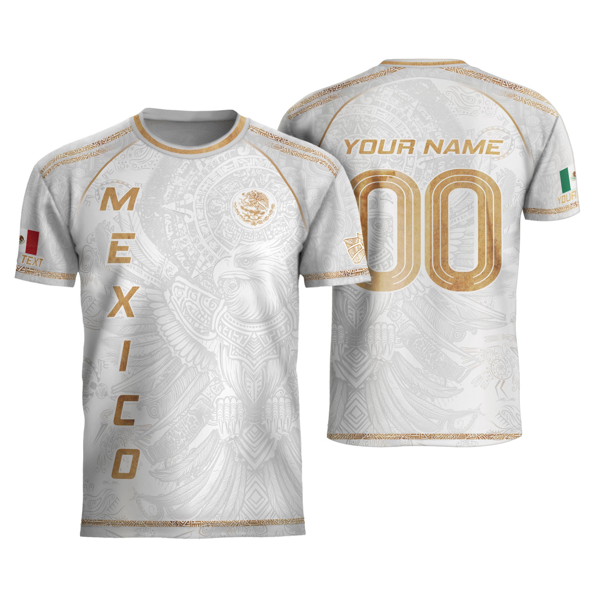 Custom Mexico Soccer Jersey White Gold Heritage Aztec Eagle Design
