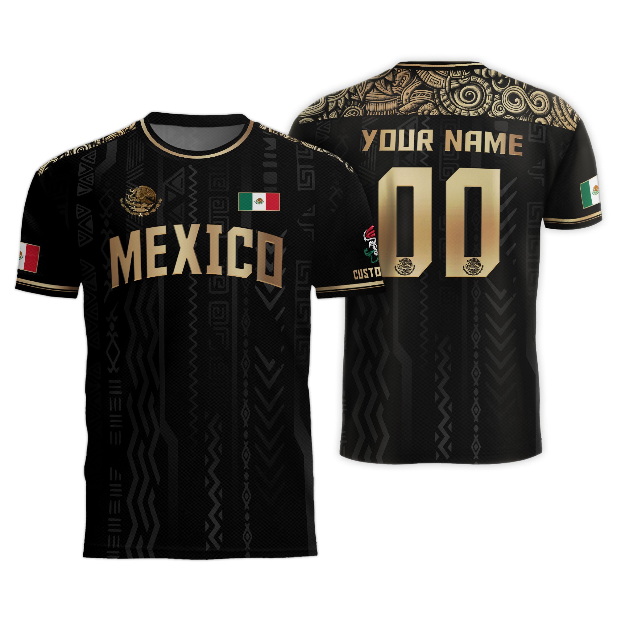 Custom Mexico Black Gold Aztec Pattern National Pride Soccer Jersey