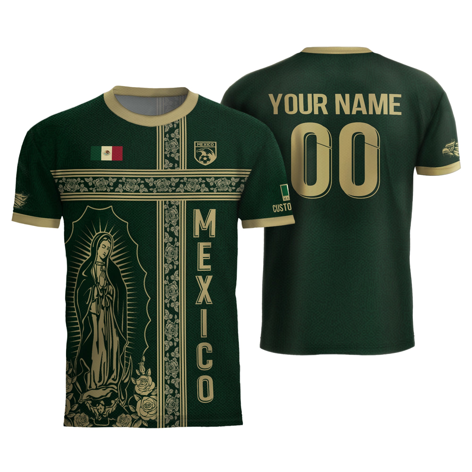 Custom Mexico Jersey Green Gold Our Lady of Guadalupe Design