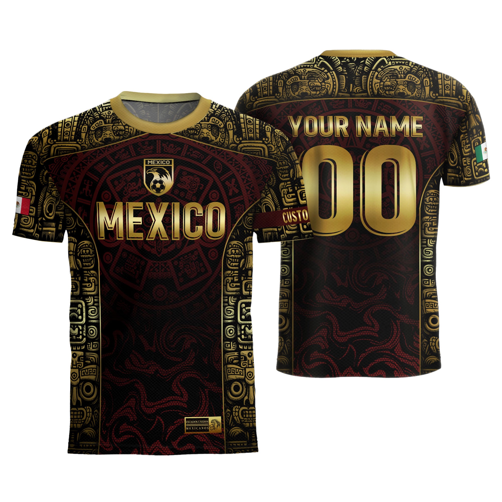 Custom Mexico Jersey Black Red Gold Aztec Calendar Design