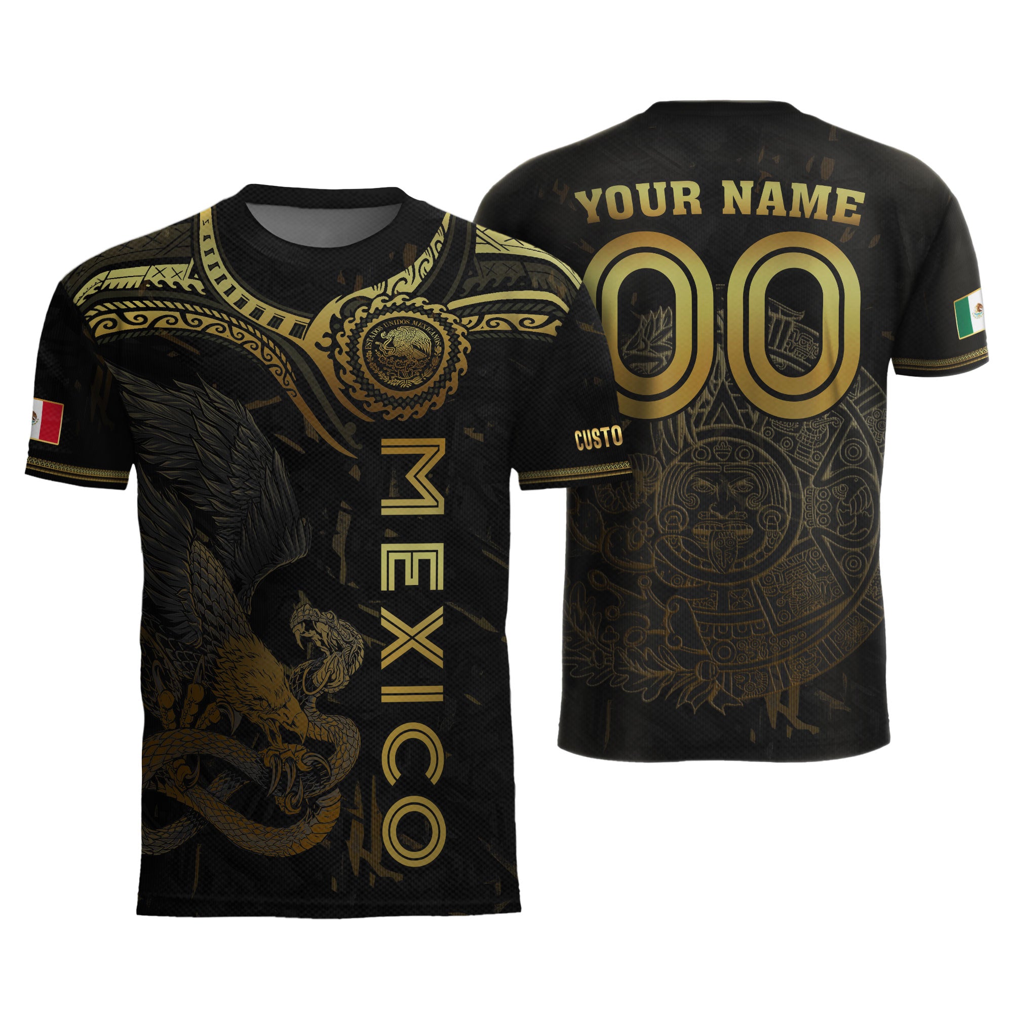 Custom Mexico Jersey Black Gold Eagle Serpent Aztec Design