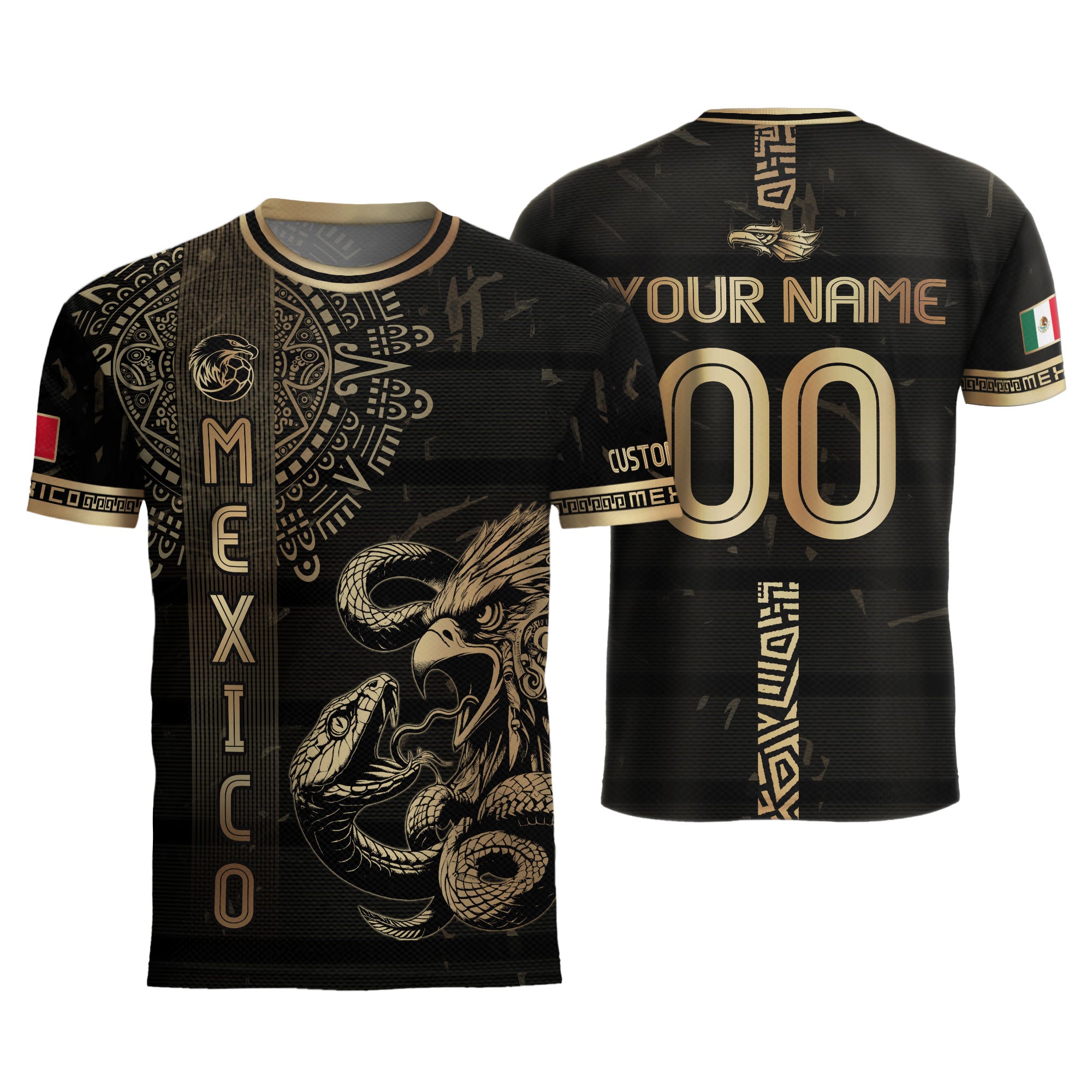 Custom Mexico Jersey Black Gold Eagle Serpent Aztec Warrior Design