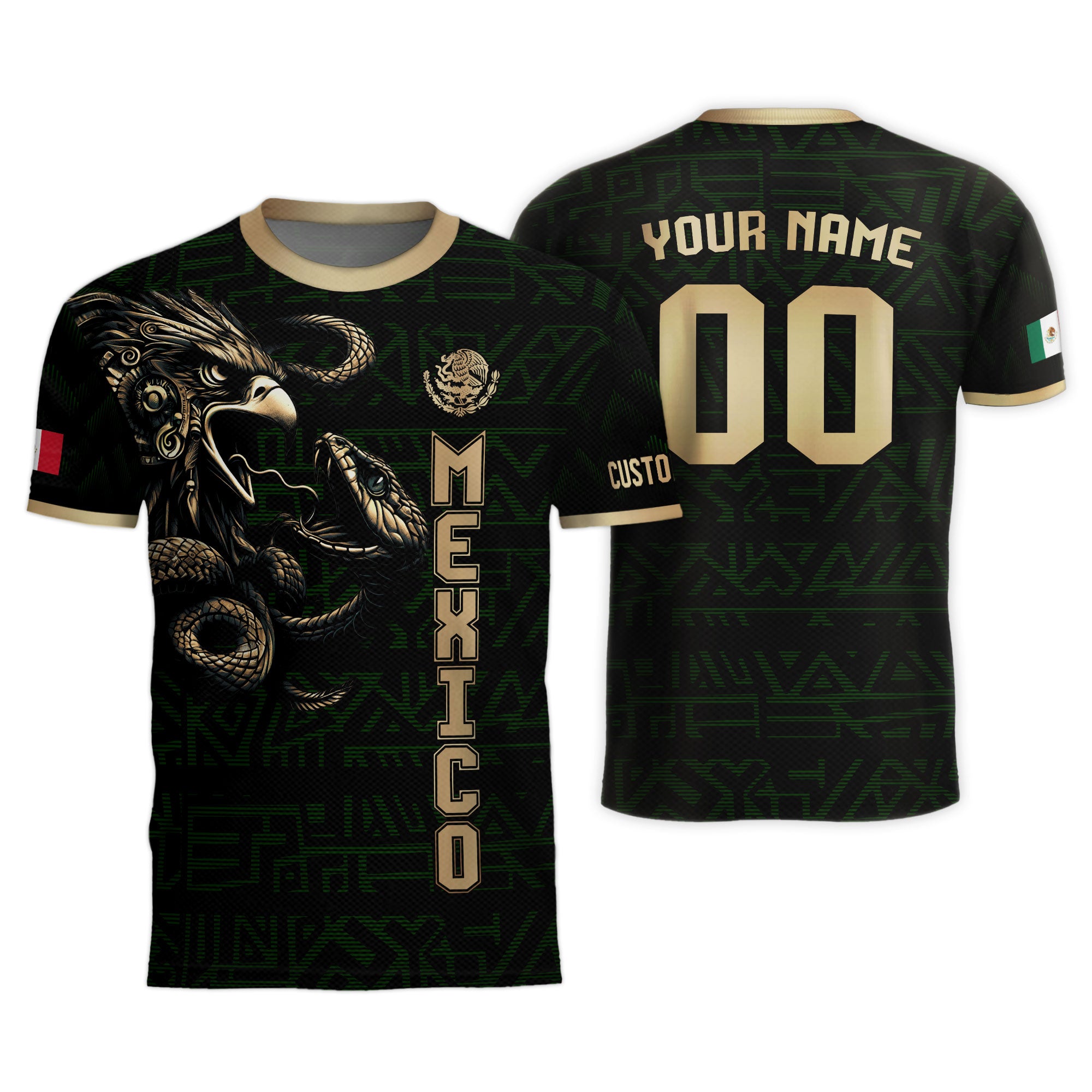 Custom Mexico Soccer Jersey Black Gold Aztec Eagle Design