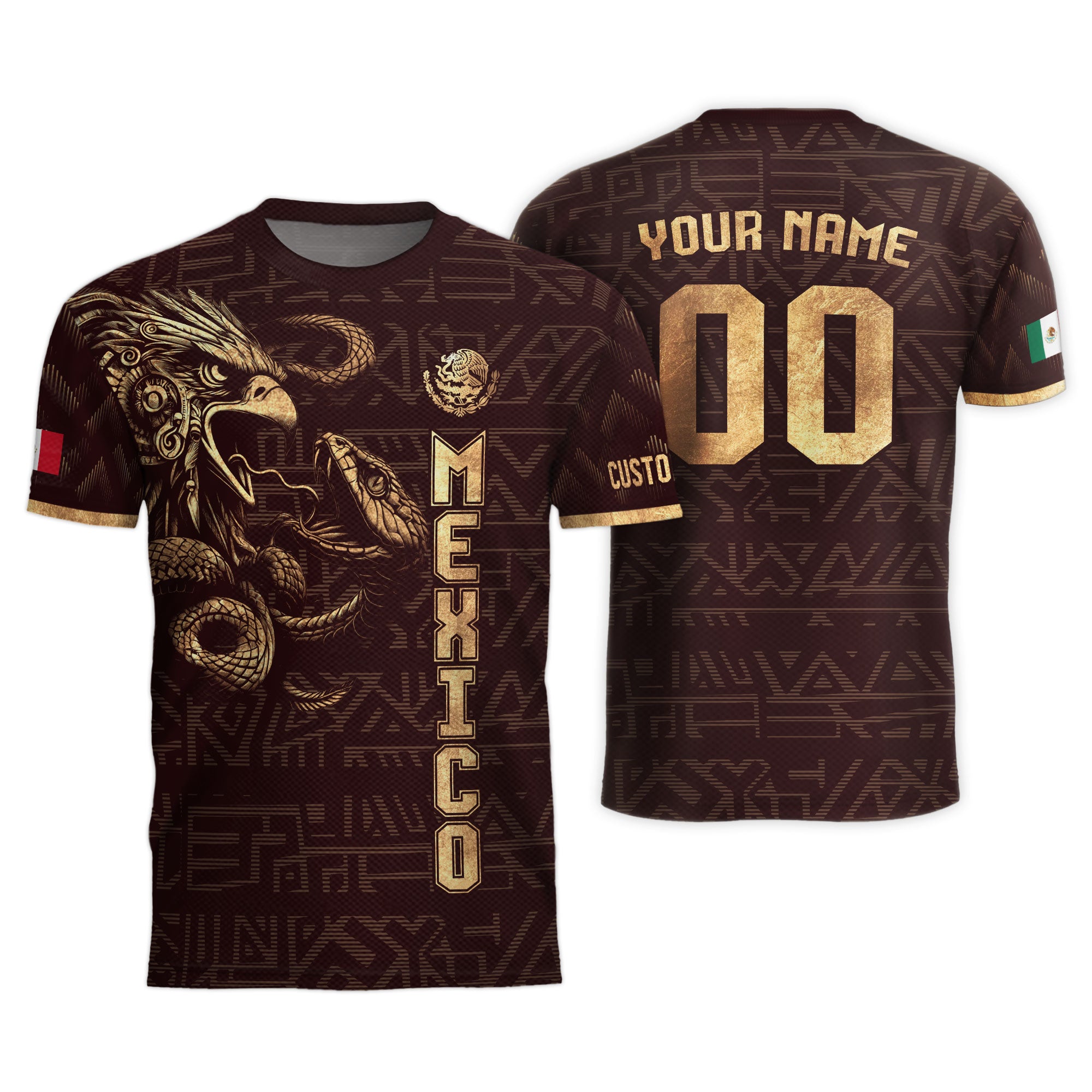 Custom Mexico Soccer Jersey Burgundy Gold Aztec Eagle Design