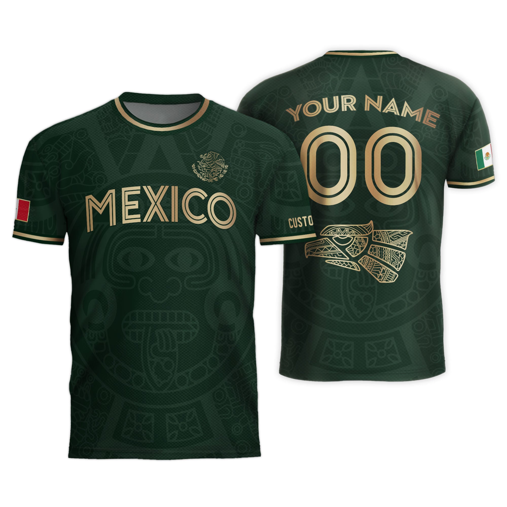 Custom Mexico Soccer Jersey Green Gold Aztec Calendar Design