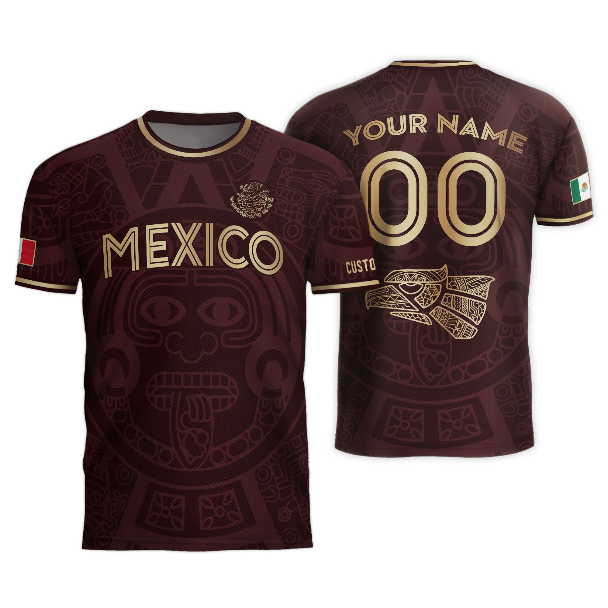 Custom Mexico Soccer Jersey Maroon Gold Aztec Calendar Design