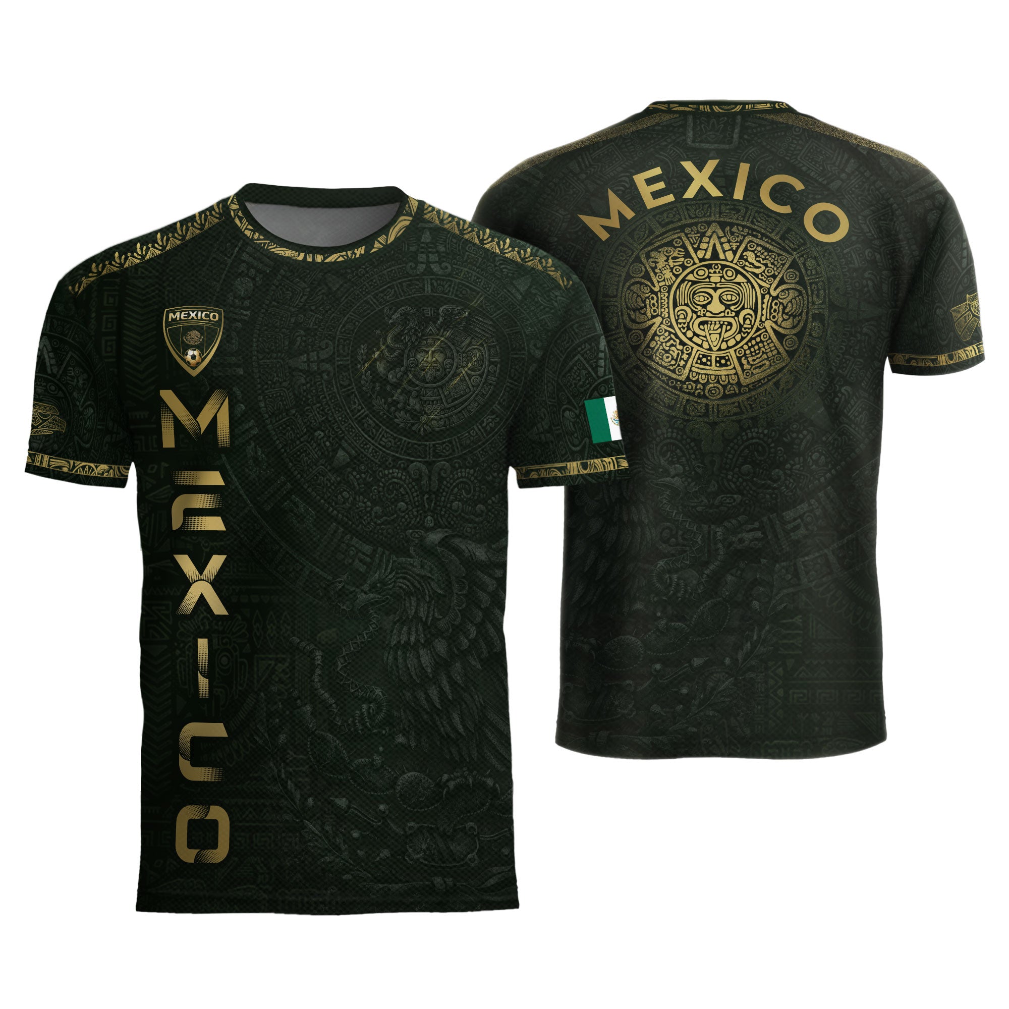 Camiseta de fútbol premium con emblema de águila azteca verde y dorado de México