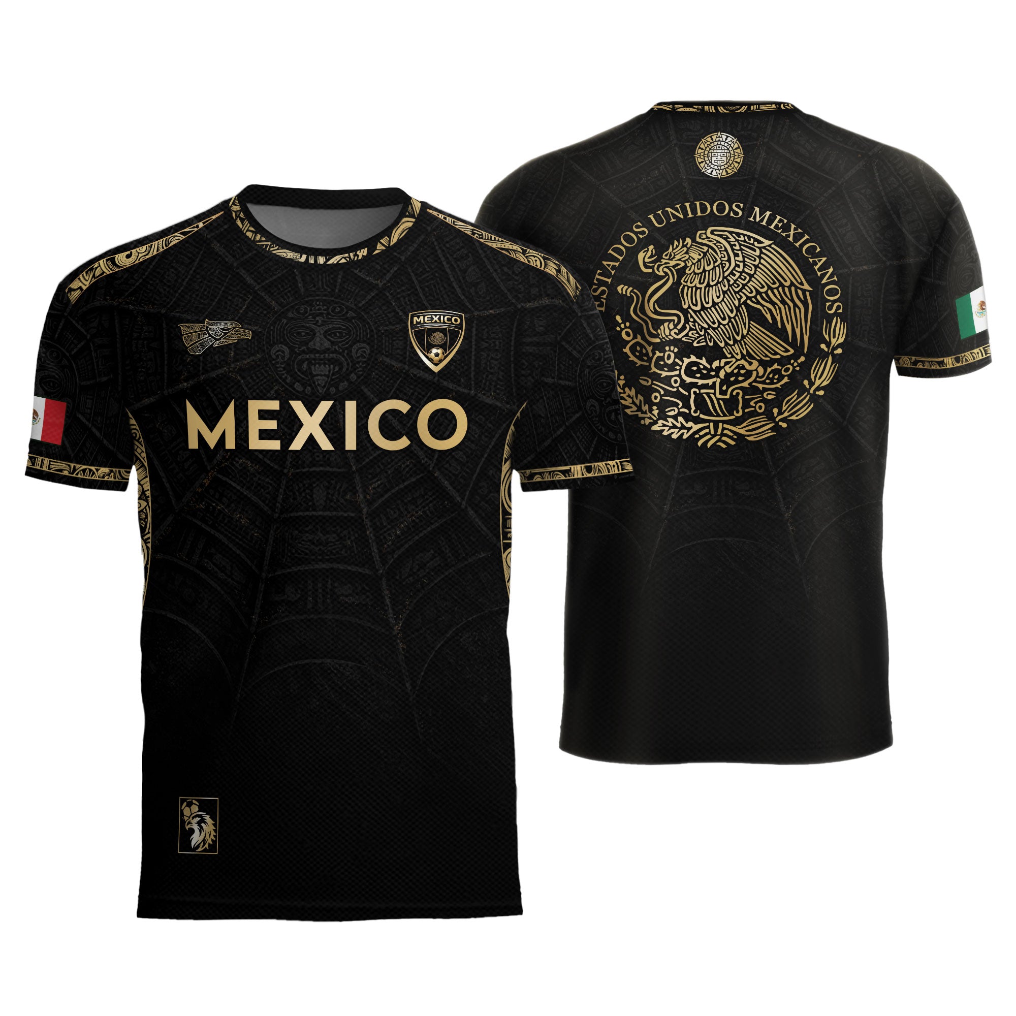 Camiseta de fútbol premium con emblema de águila azteca verde y dorado de México