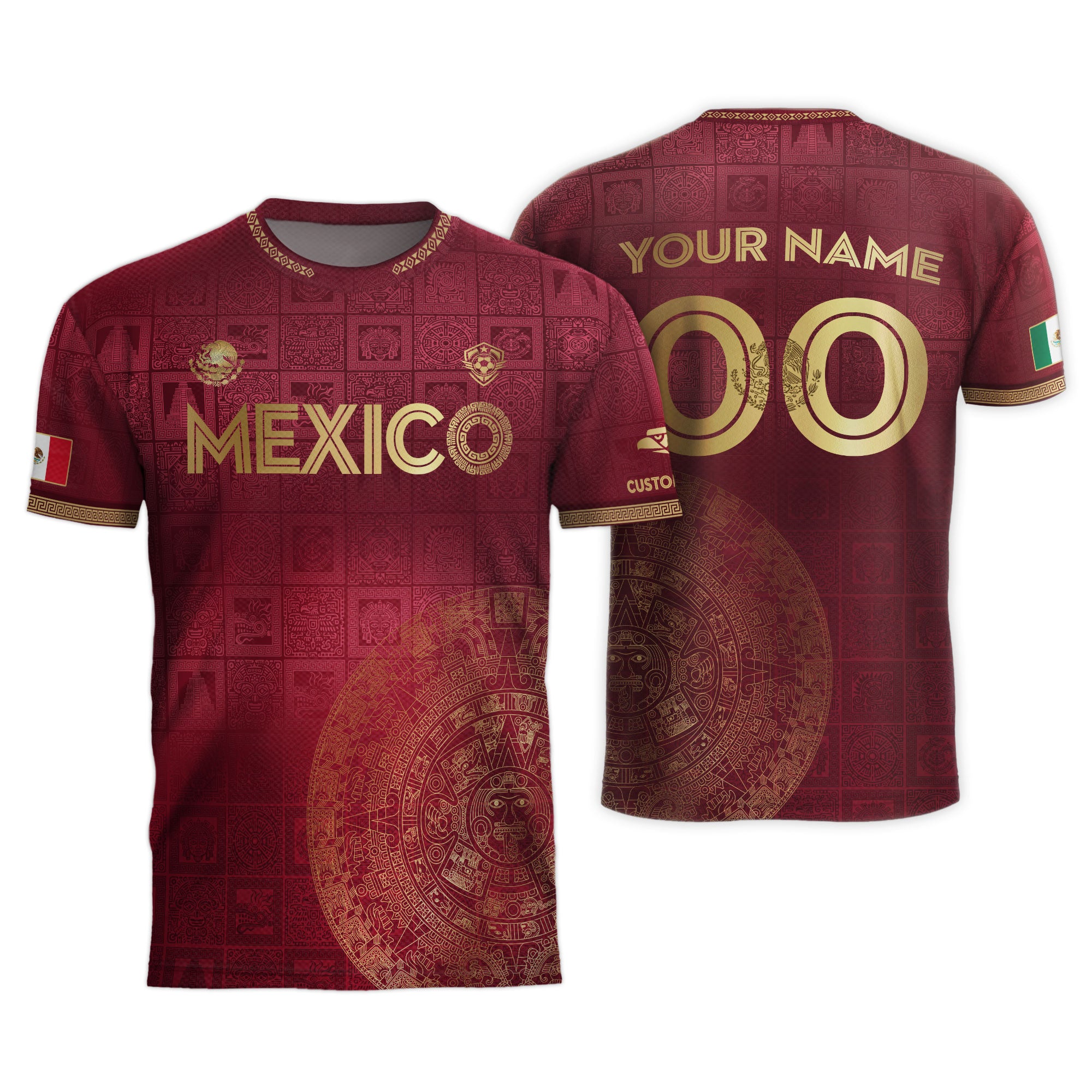 Custom Mexico Maroon Golden Aztec Calendar Soccer Jersey