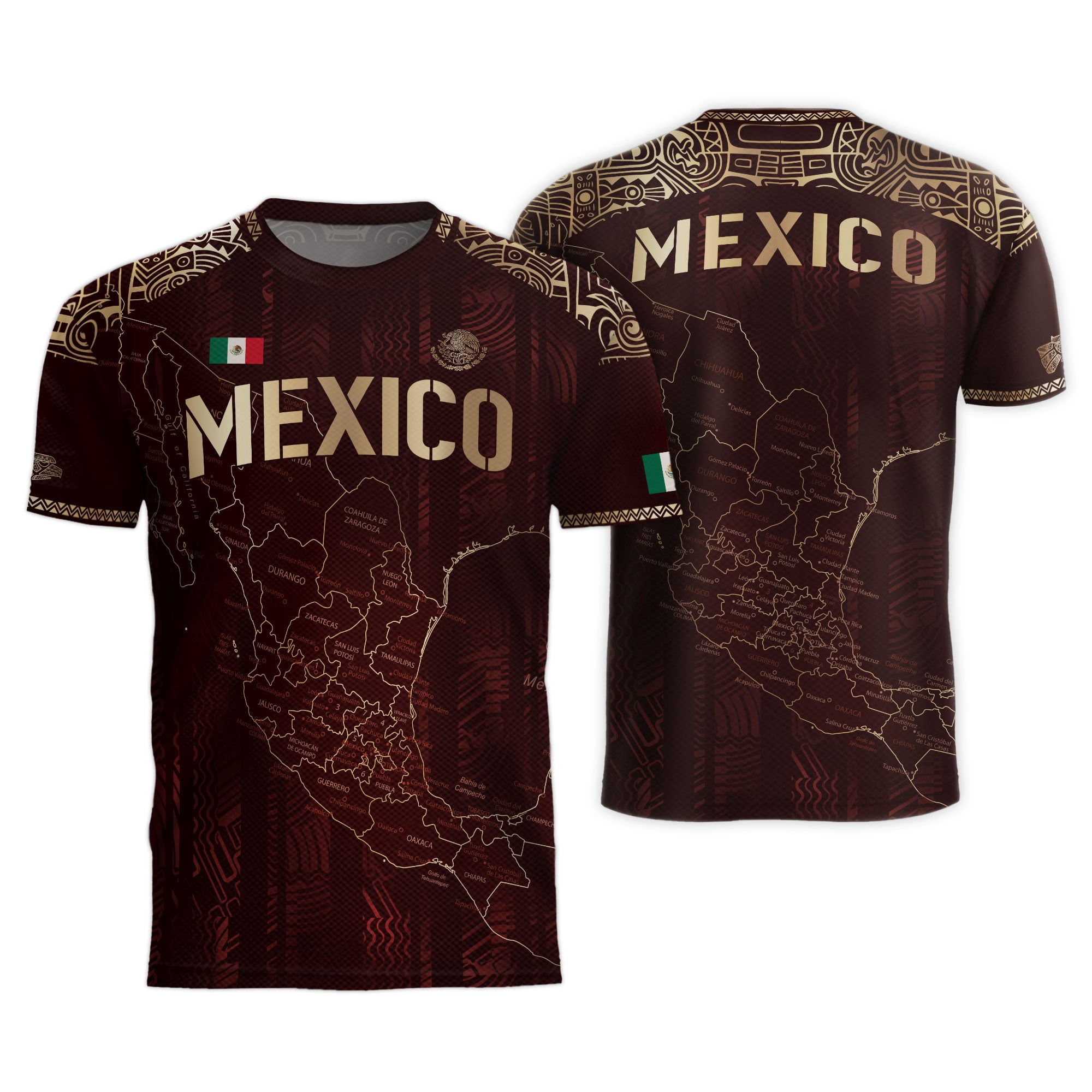 Mexico Soccer Jersey Burgundy Map Aztec Pattern Heritage Golden Details Design