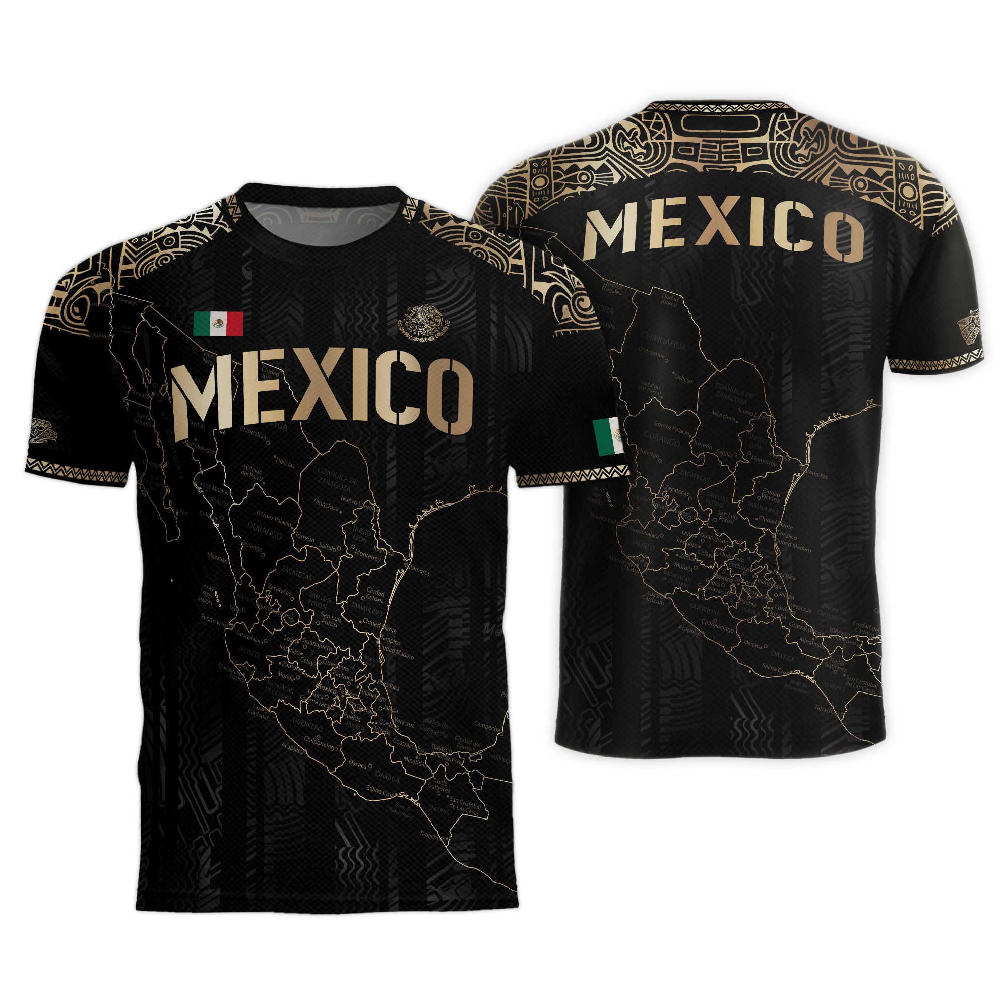 Mexico Black Heritage Map Soccer Jersey with Golden Aztec Details