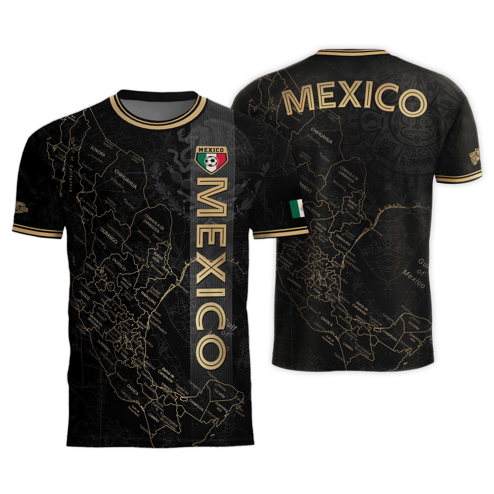 Mexico Black Heritage Map Soccer Jersey with Golden Aztec Accents