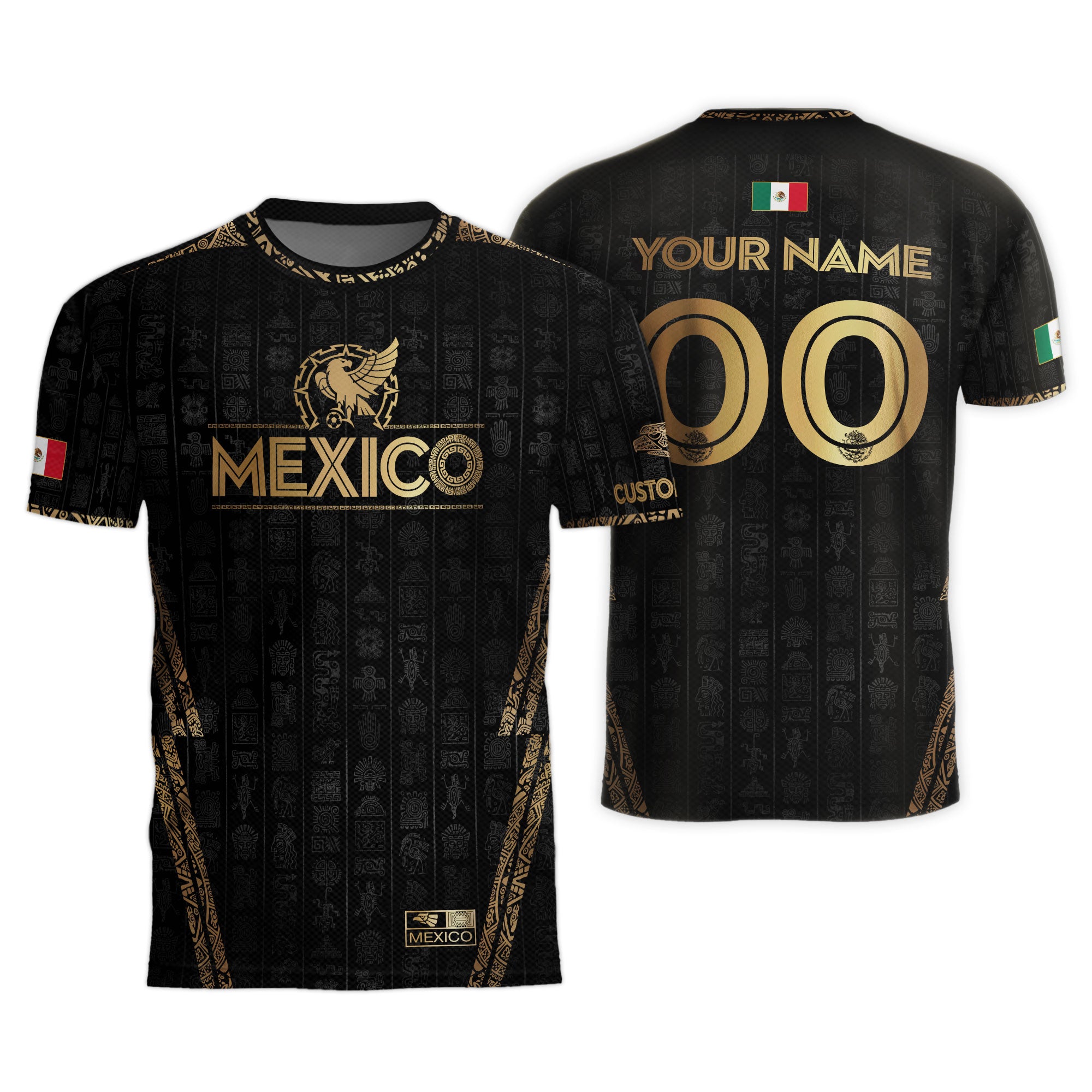 Custom Mexico Black Gold Soccer Jersey with Aztec Eagle Design
