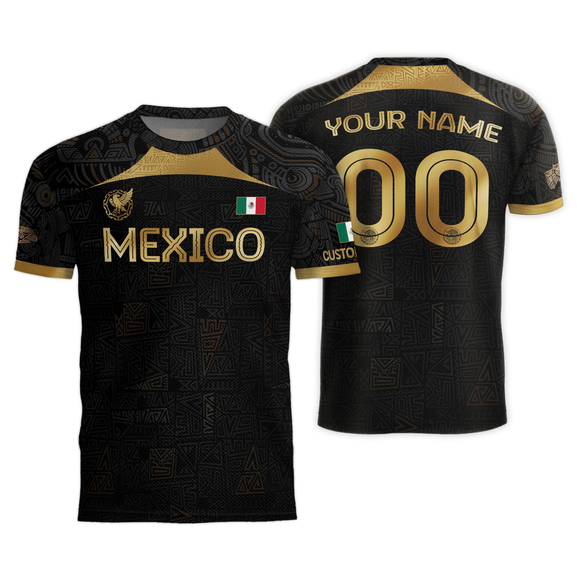 Custom Mexico Black Gold Soccer Jersey with Aztec Warrior Pattern