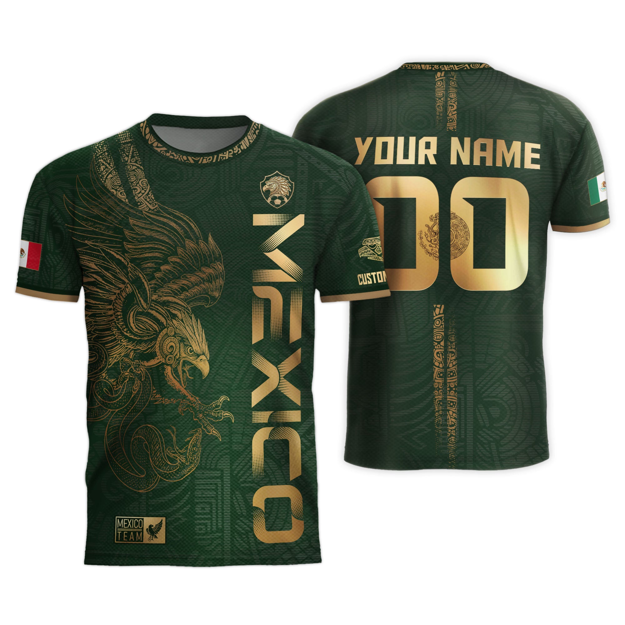 Custom Mexico Green Gold Soccer Jersey with Aztec Eagle Serpent Design