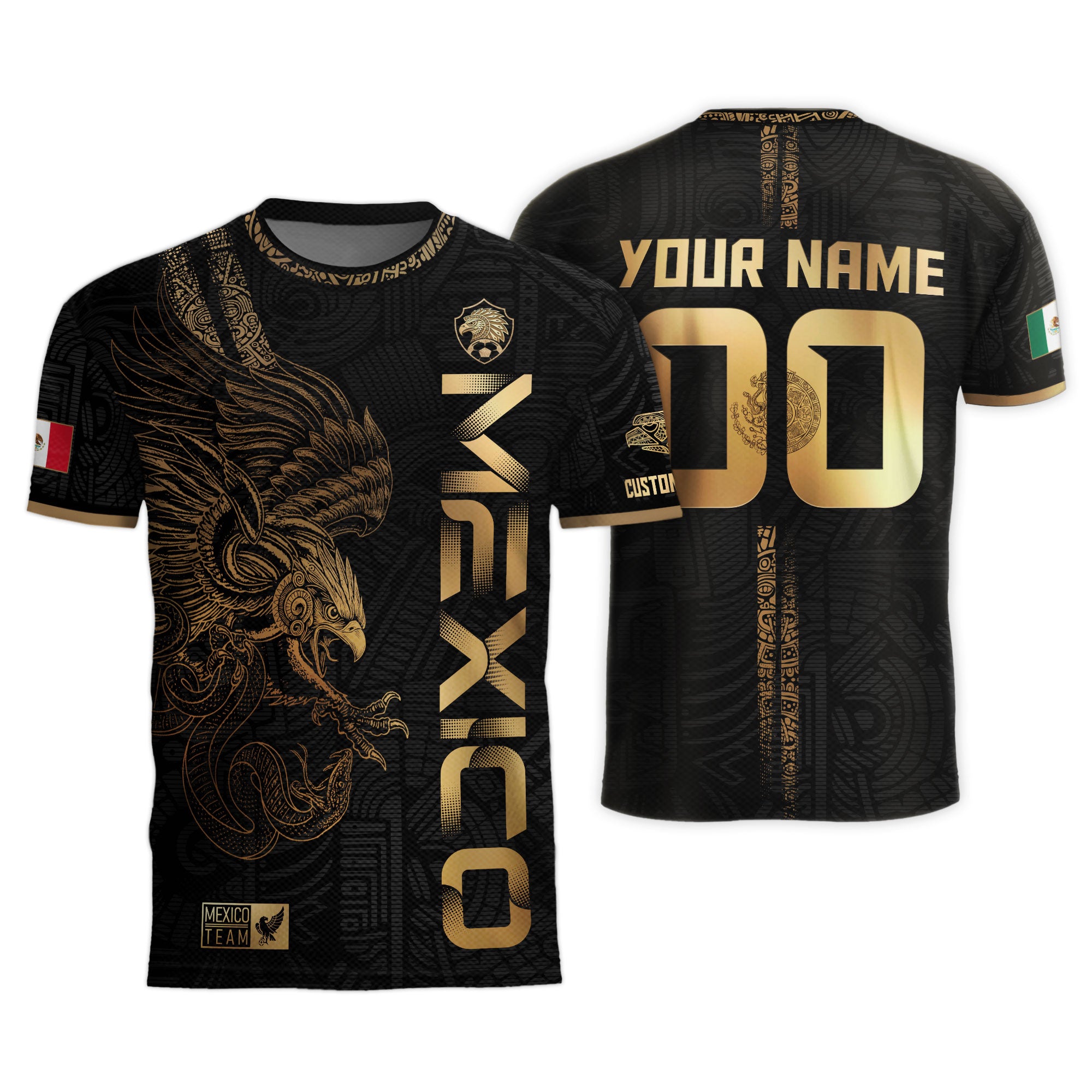 Custom Mexico Black Gold Soccer Jersey with Aztec Eagle Serpent Design