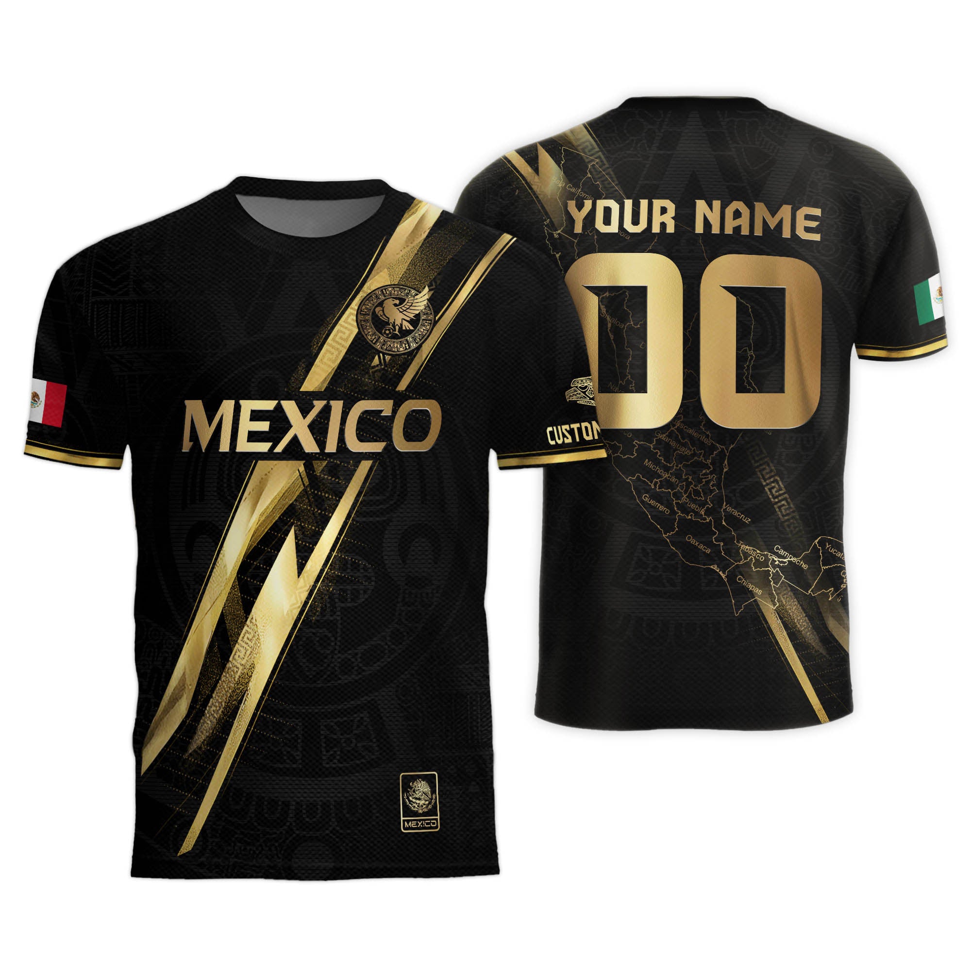 Custom Mexico Black Gold Soccer Jersey with Heritage Map Stripe Design