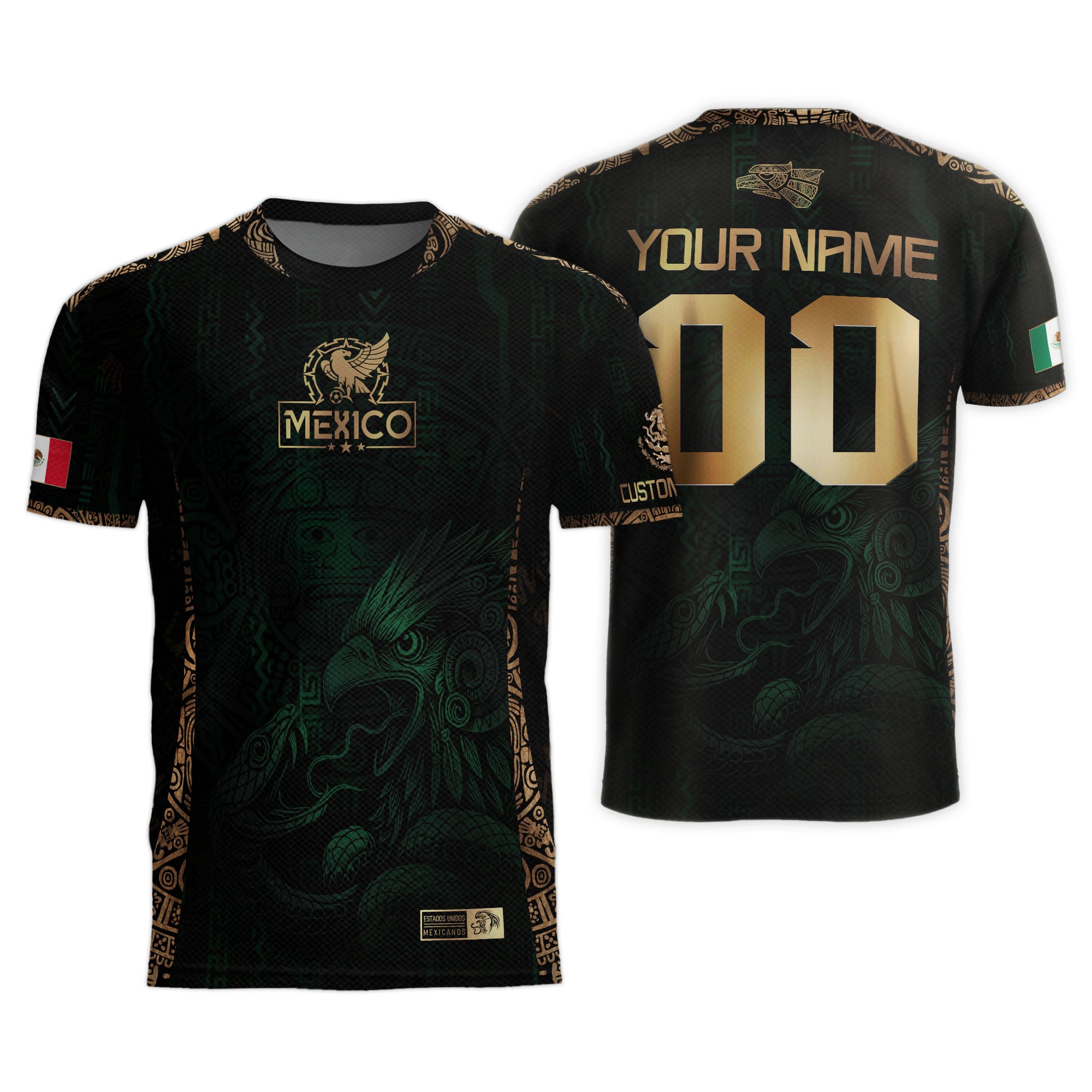 Custom Mexico Green Gold Soccer Jersey with Aztec Eagle Warrior Design