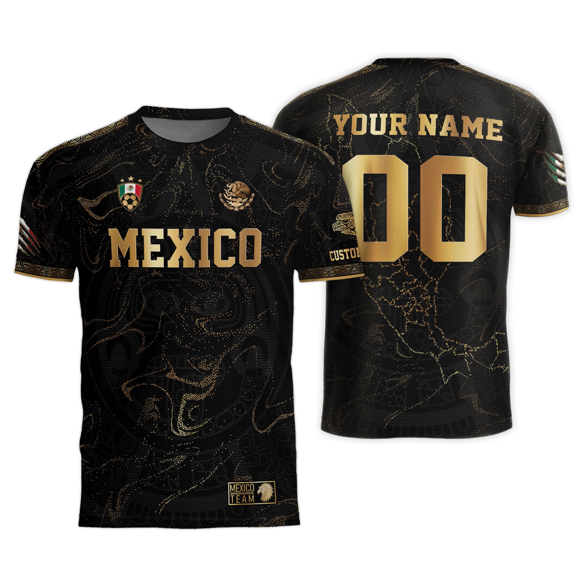 Custom Mexico Black Gold Soccer Jersey with Heritage Map and Aztec Pattern