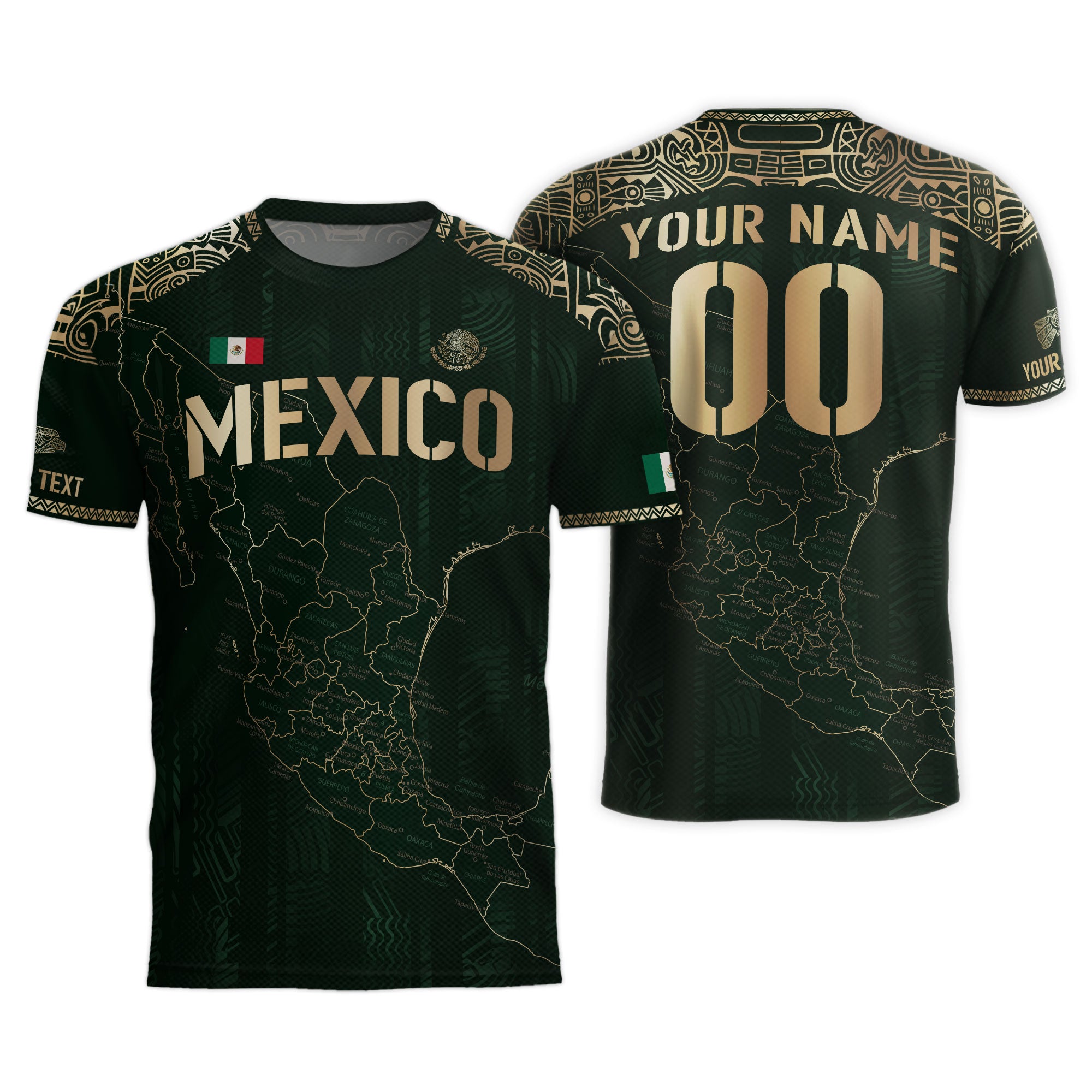 Custom Mexico Green Gold Map Aztec Heritage Soccer Jersey