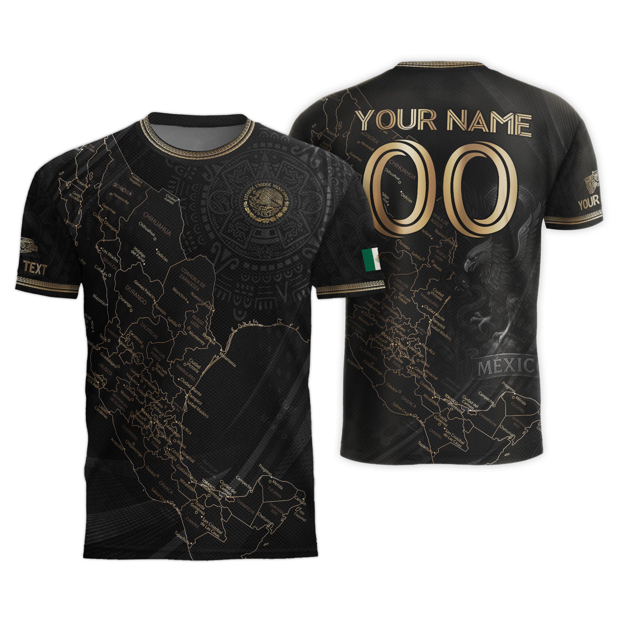 Custom Mexico Black Gold Map Aztec Eagle Heritage Soccer Jersey