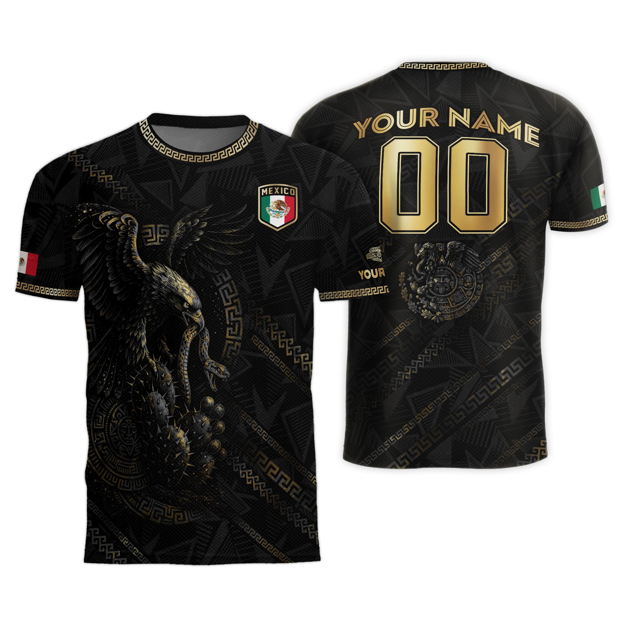 Custom Mexico Black Gold Eagle and Serpent Aztec Heritage Soccer Jersey