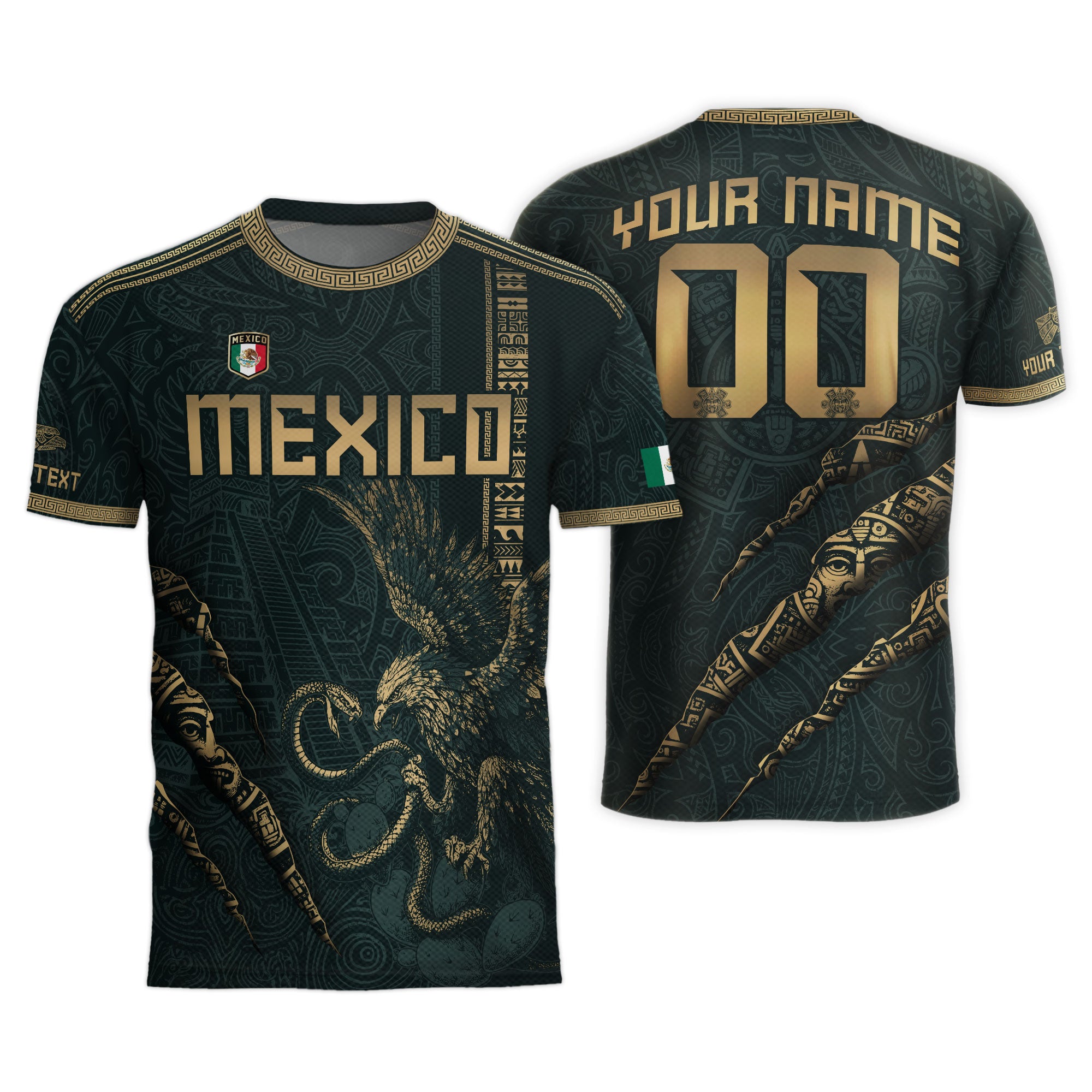 Custom Mexico Green Gold Eagle Claw Aztec Warrior Heritage Soccer Jersey