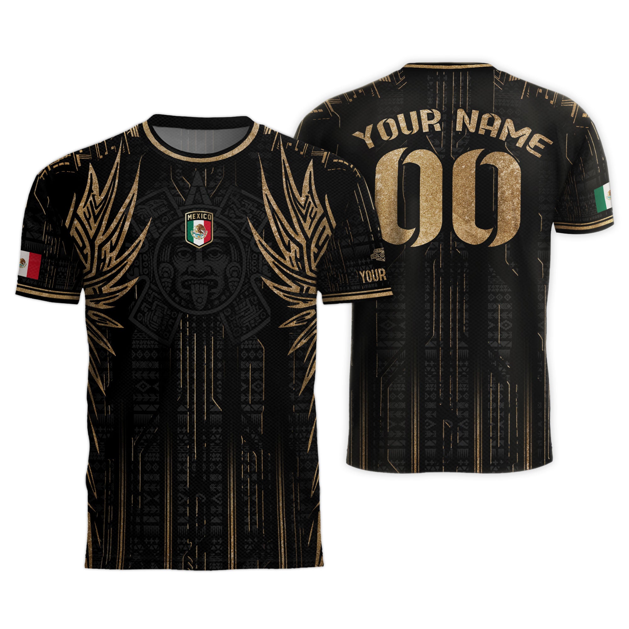 Custom Mexico Black Gold Aztec Warrior Wings Heritage Soccer Jersey