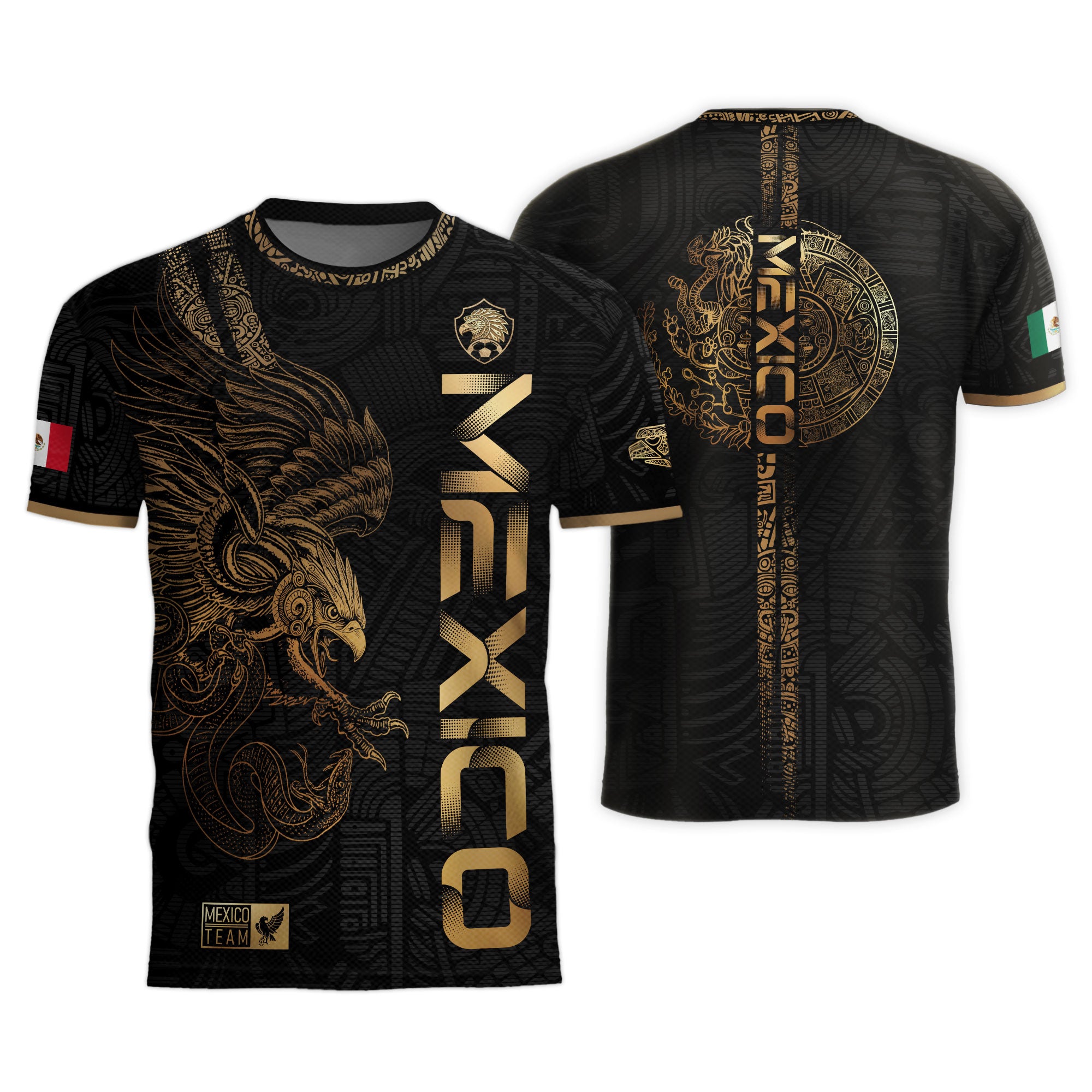 Camiseta de fútbol de la herencia del guerrero azteca del águila dorada negra de México