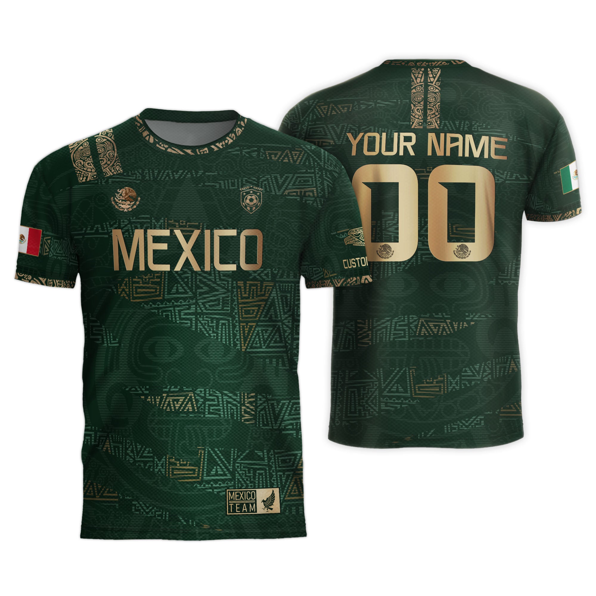 Custom Mexico Green Gold Aztec Pattern Soccer Jersey