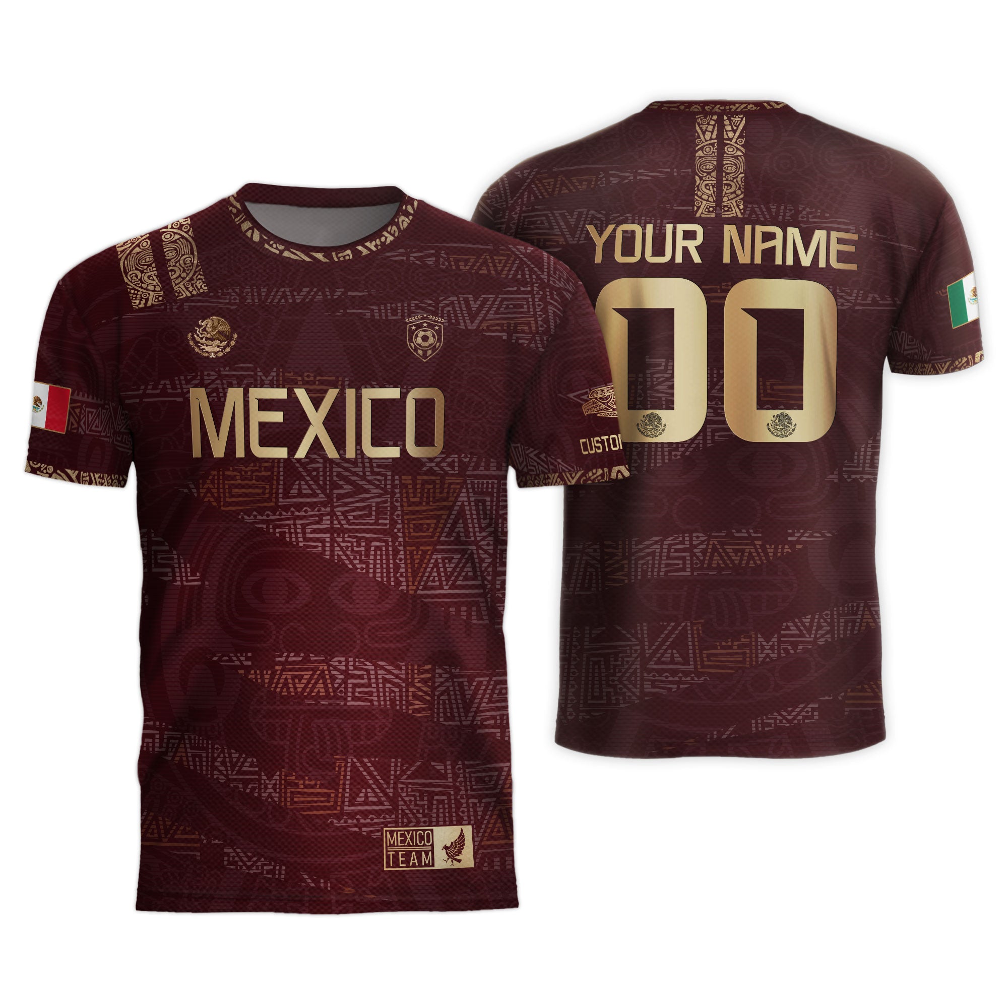 Custom Mexico Maroon Gold Aztec Heritage Soccer Jersey