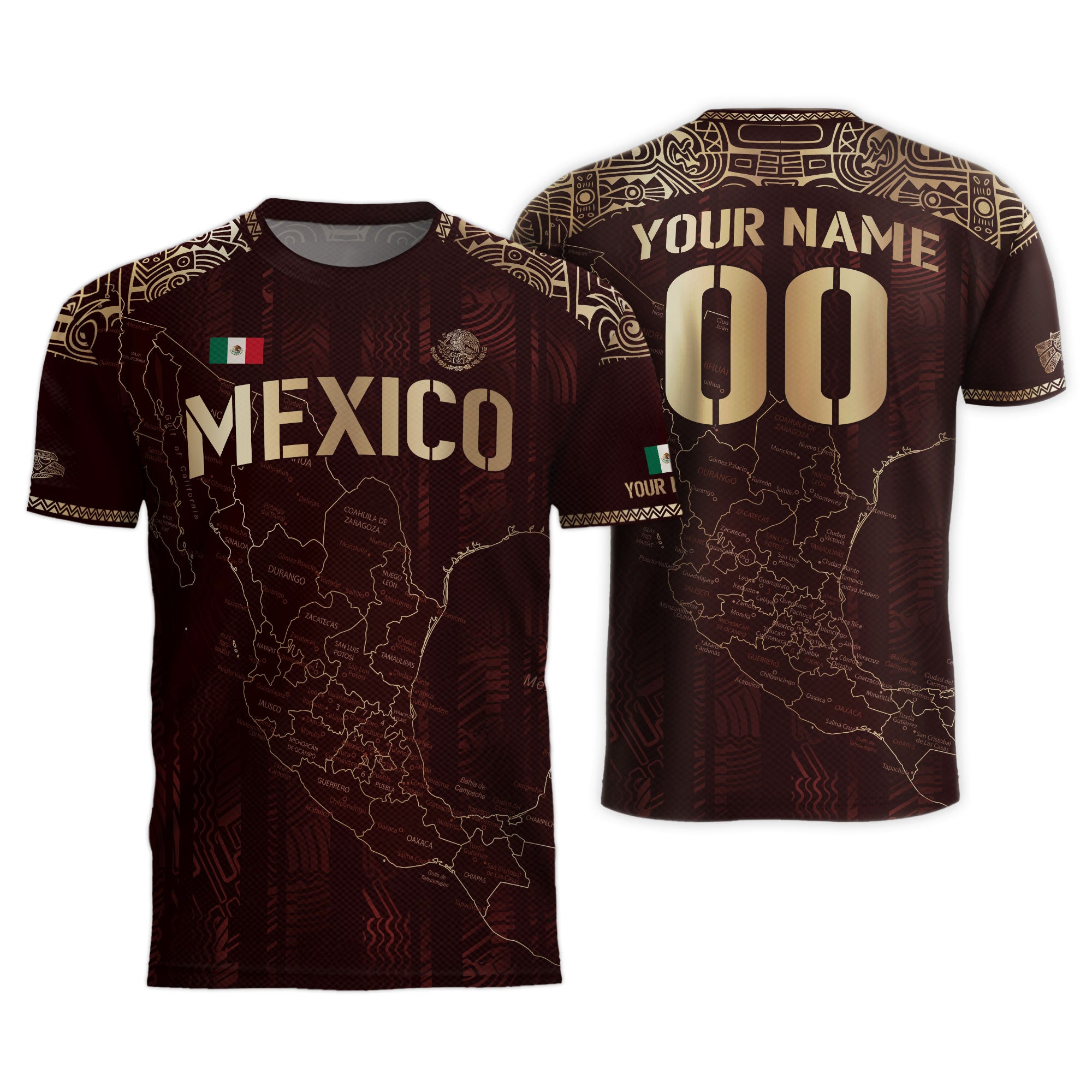 Custom Mexico Burgundy Soccer Jersey with Golden Aztec Map Design
