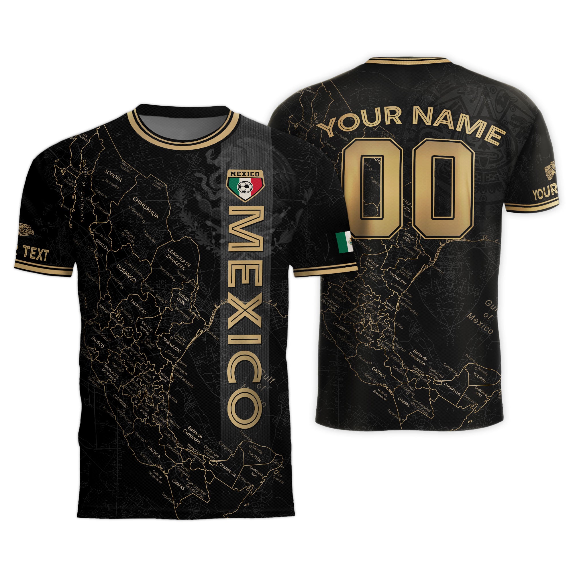 Custom Mexico Black Gold Soccer Jersey with Detailed Heritage Map Design
