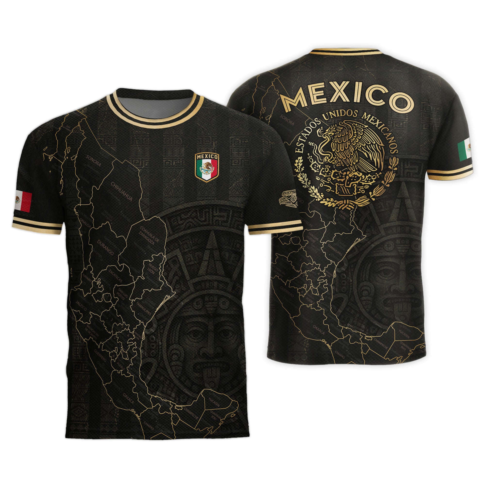 Camiseta de fútbol con el calendario azteca y el mapa negro y dorado de México