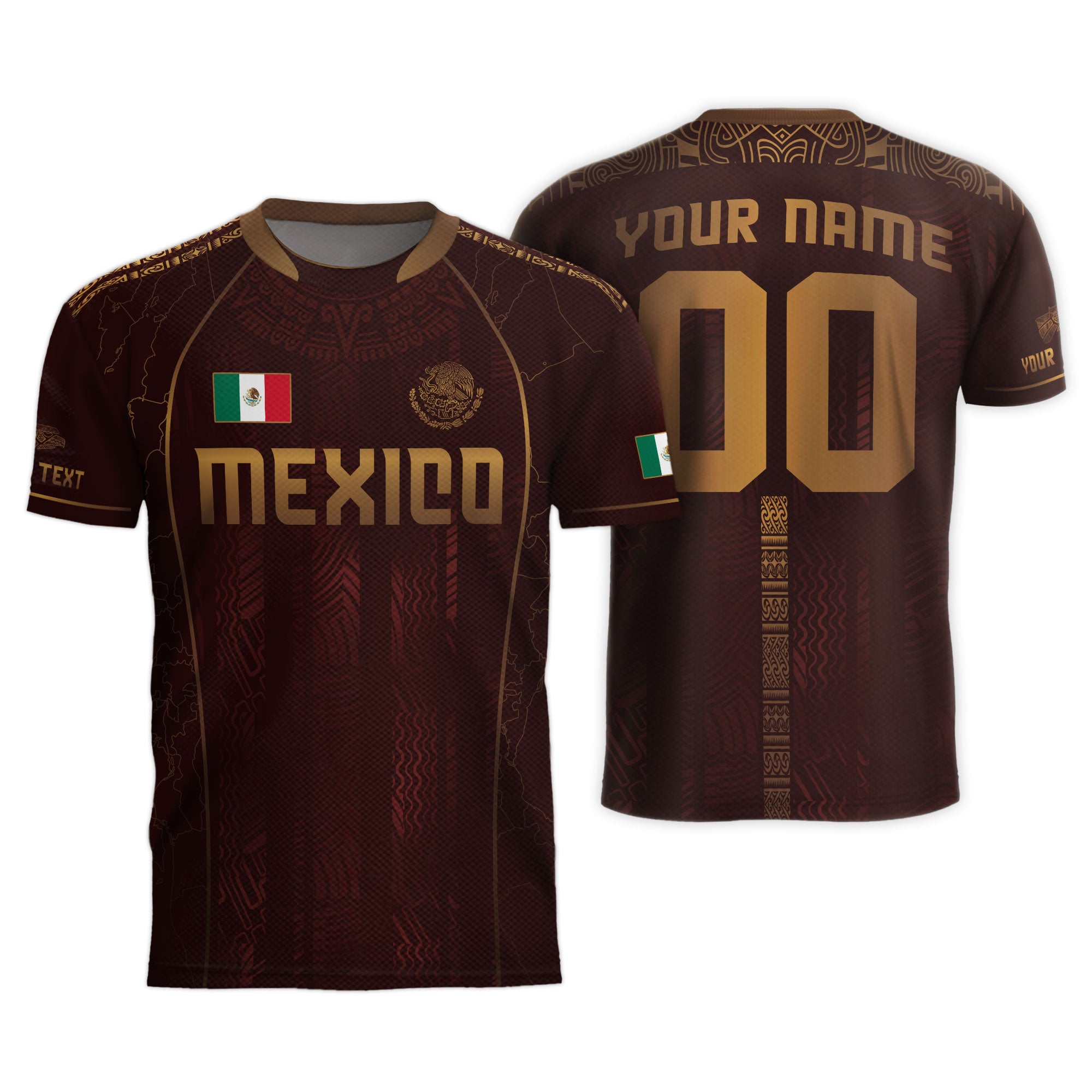 Custom Mexico Soccer Jersey Burgundy Gold Aztec Pattern Heritage Design