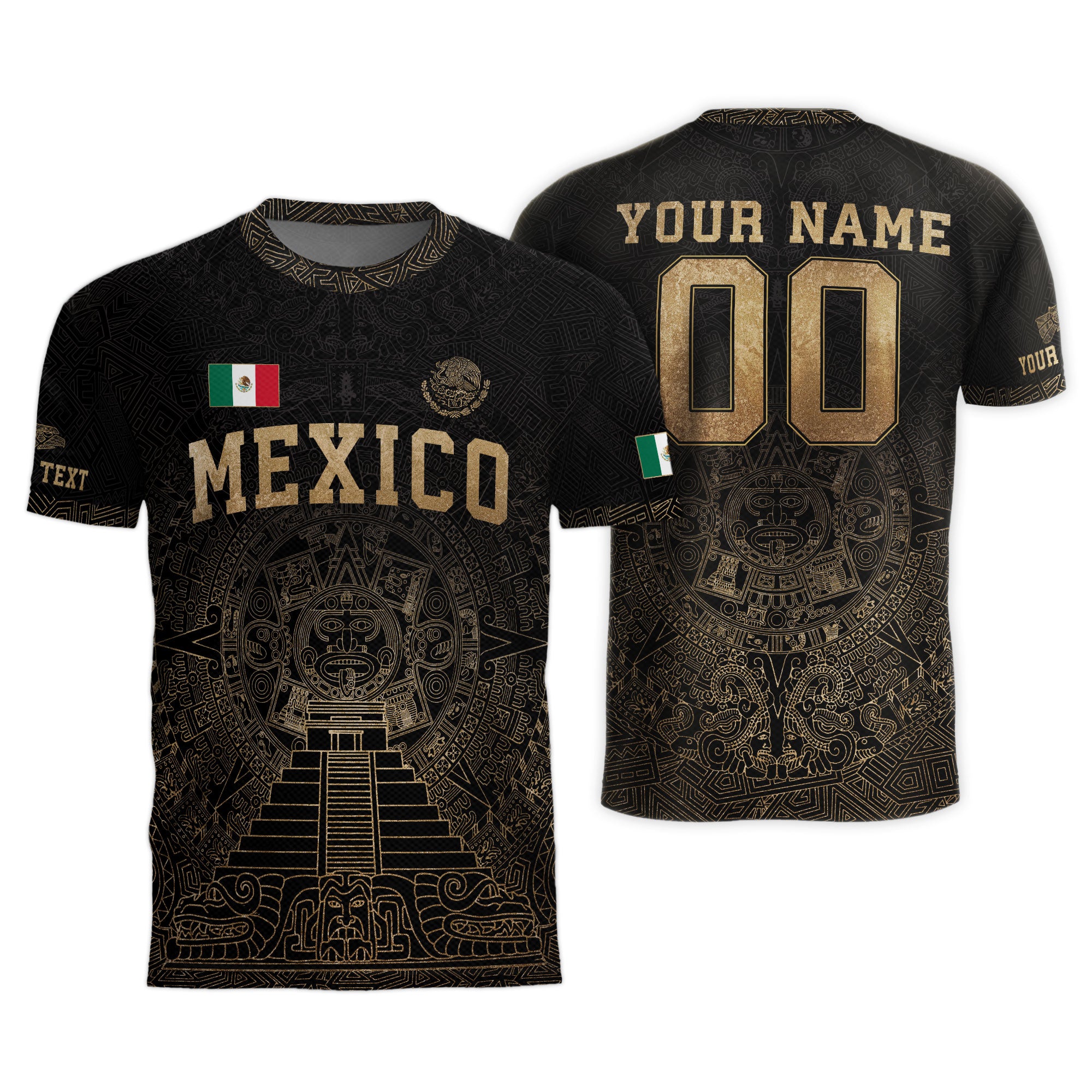 Custom Mexico Soccer Jersey Black Gold Aztec Calendar Heritage Design