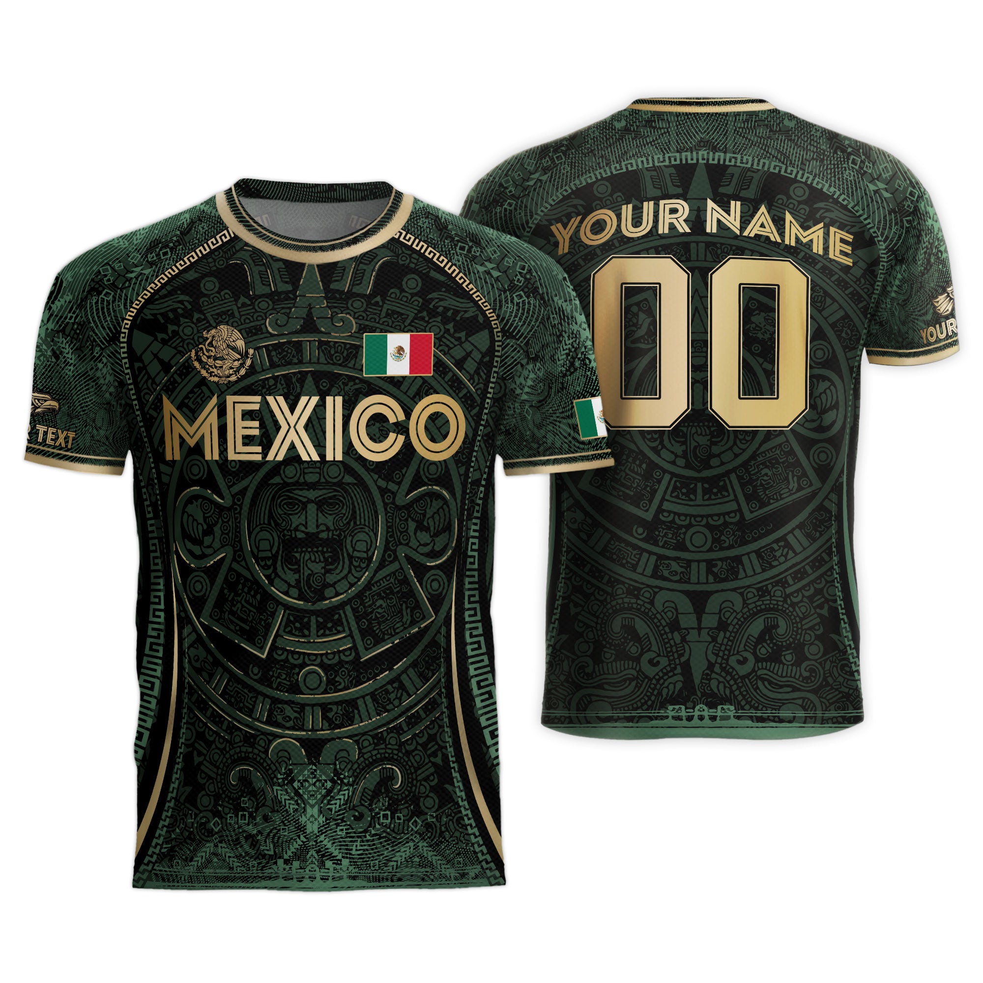Custom Mexico Soccer Jersey Green Gold Aztec Calendar Heritage Design