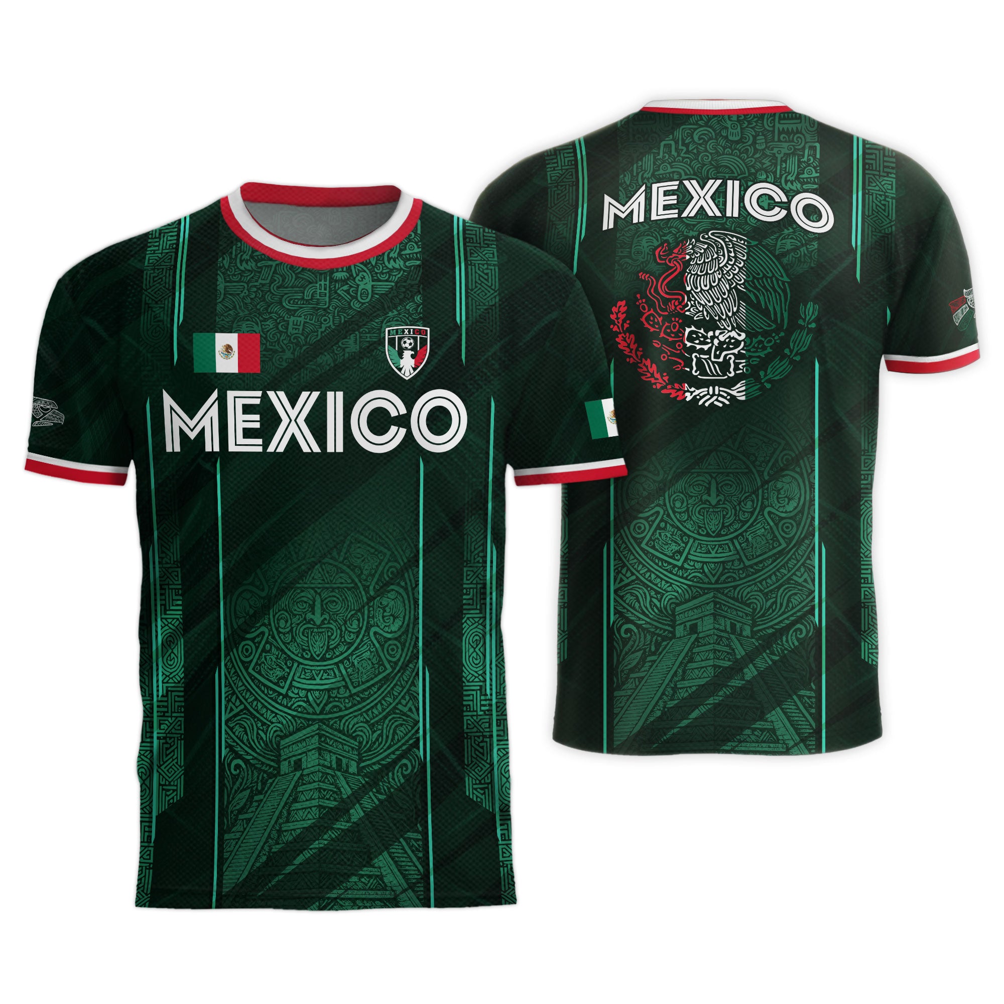 Mexico Soccer Jersey Green Aztec Calendar National Emblem Design