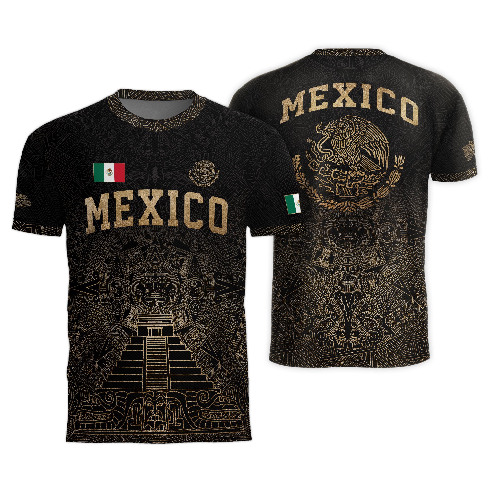 Mexico Soccer Jersey Black Gold Aztec Calendar Eagle Emblem Design