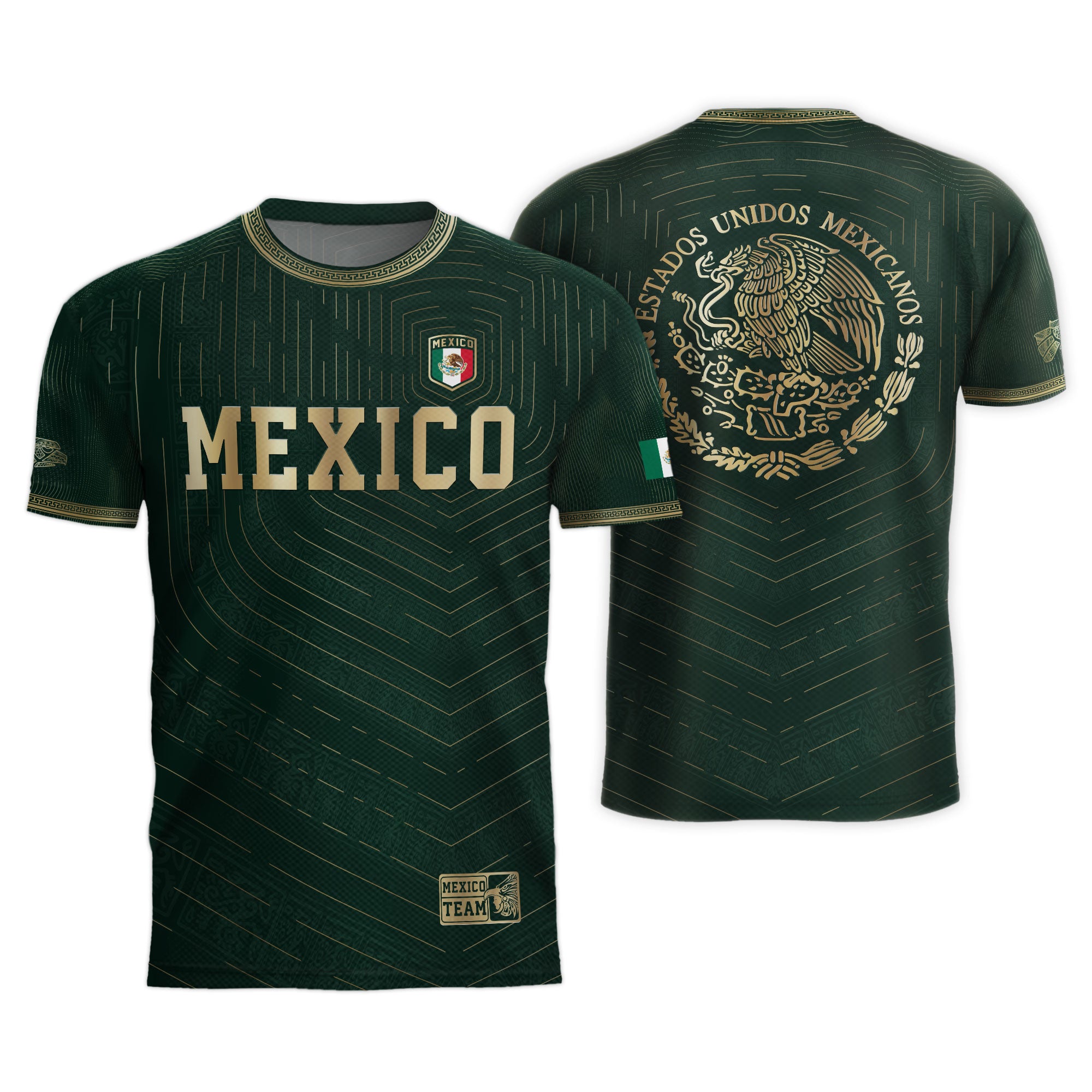 Camiseta de fútbol premium con emblema de águila azteca verde y dorado de México