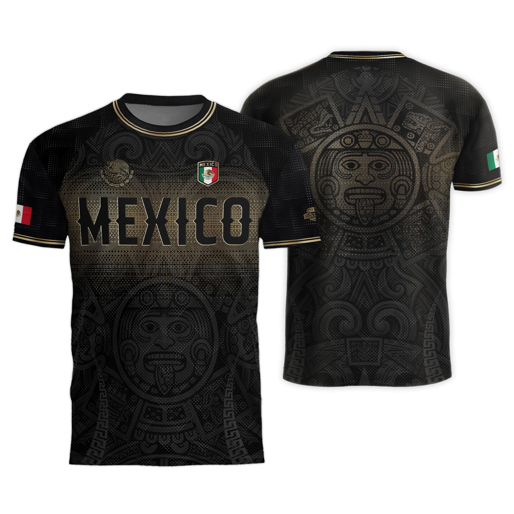 Camiseta de fútbol premium con emblema de águila azteca verde y dorado de México