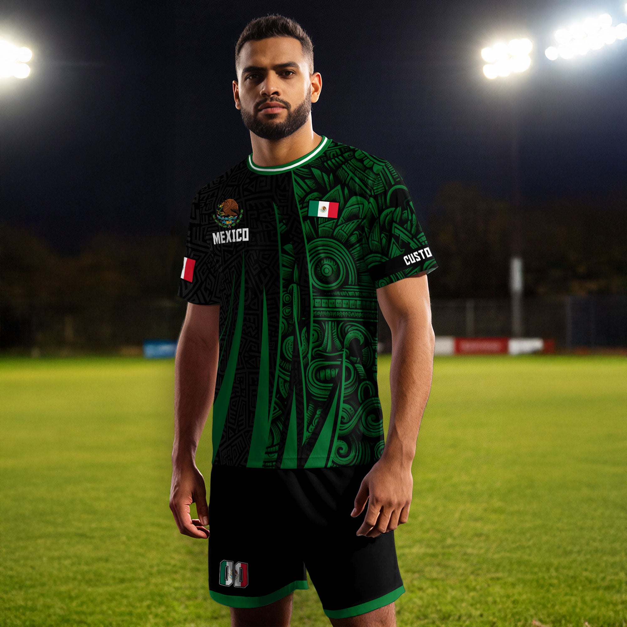 Custom Mexico Aztec Green Stripes Soccer Jersey