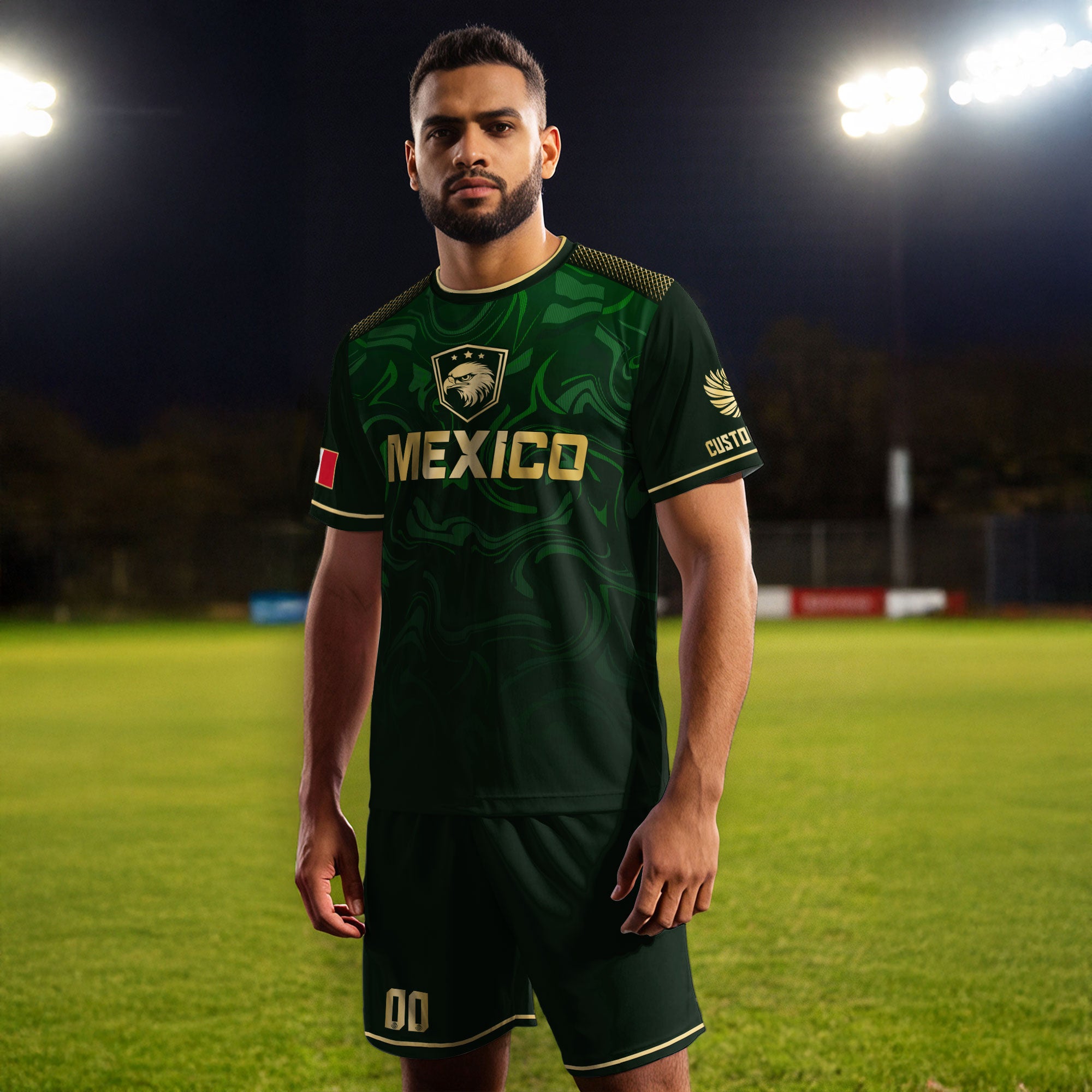 Custom Mexico Green Eagle Soccer Jersey Gold Crest Heritage Edition