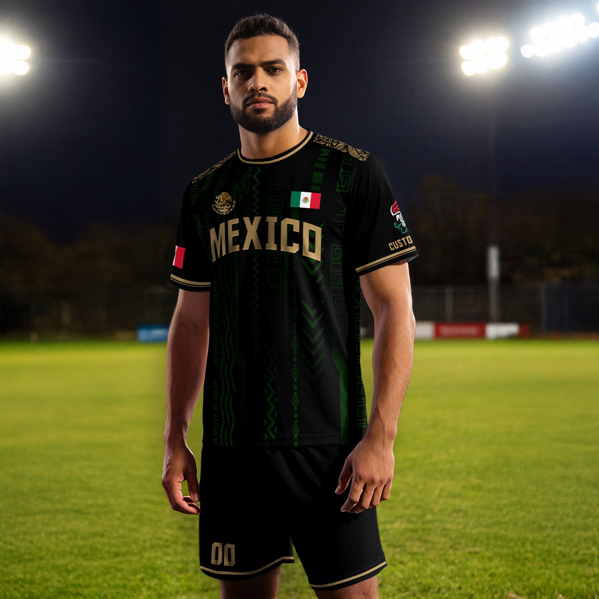 Custom Mexico Soccer Jersey Black Gold Aztec Pattern