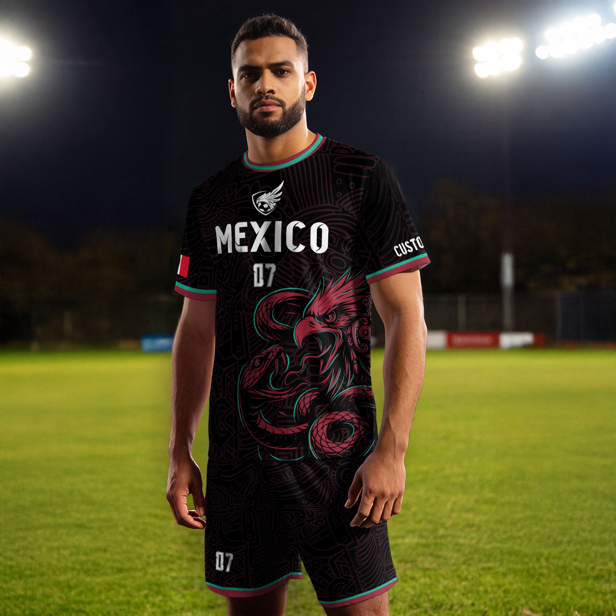 Custom Mexico Black Aztec Eagle Serpent Design Soccer Jersey