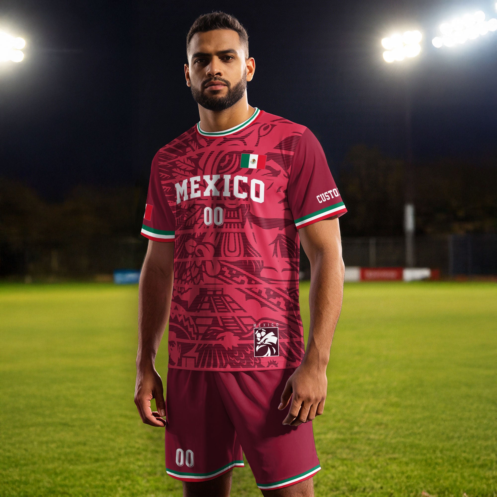 Custom Mexico Burgundy Aztec Pattern Design Soccer Jersey